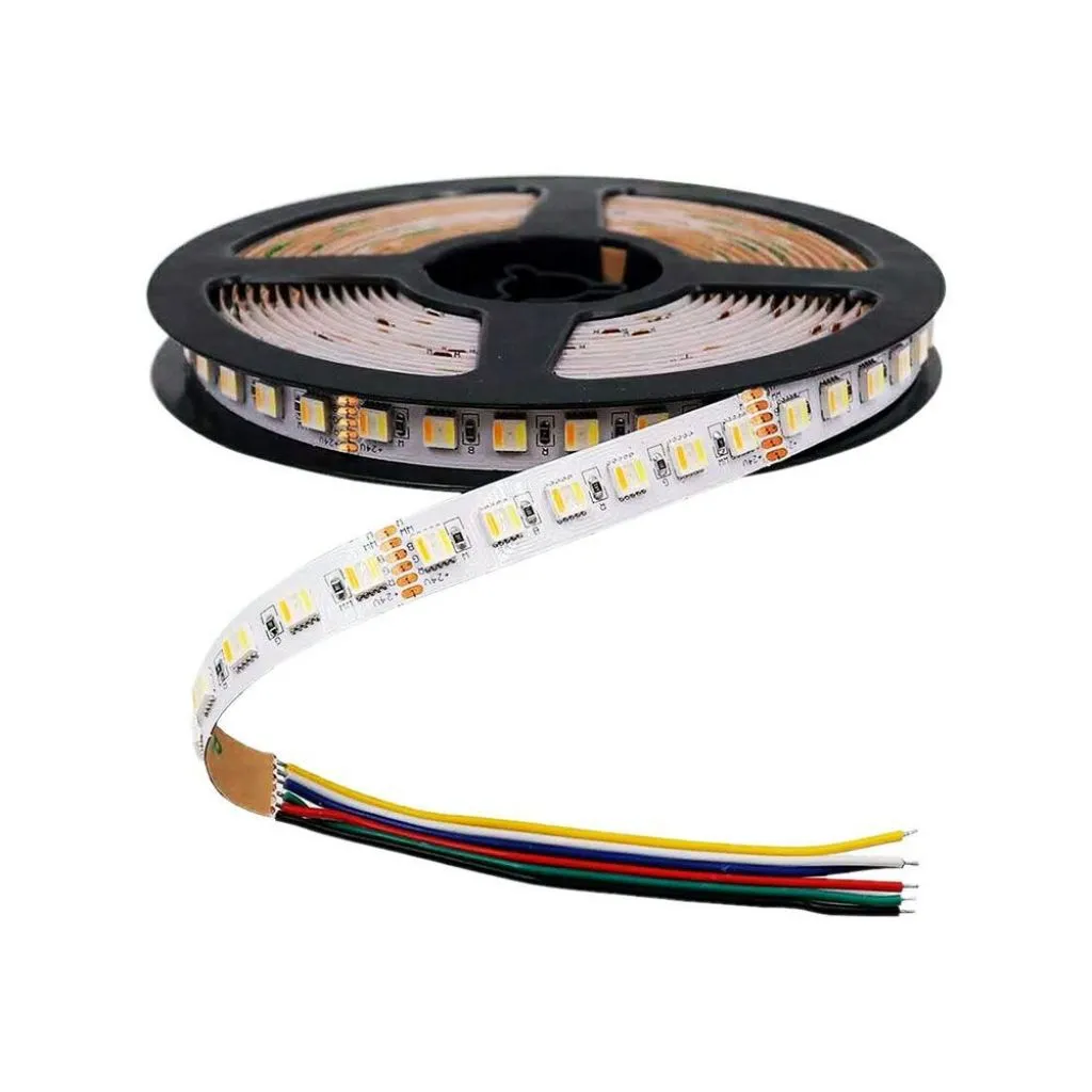Strip LED SMD5050 24W/m 5m 60LED/m 24V RGB+CCT 12mm, vista del rotolo e cavi