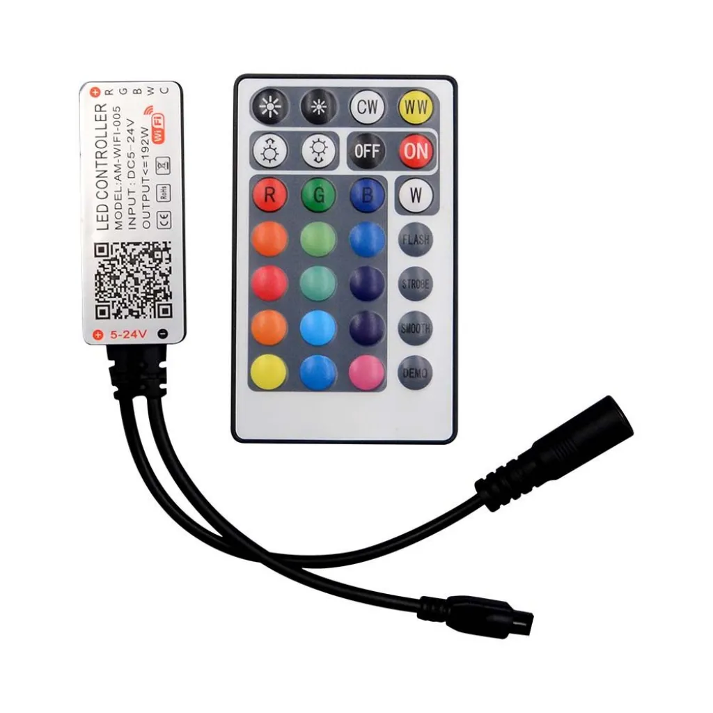 Controller Dimmer Smart WiFi /Infrarossi IR per Strip LED RGBCCT 5 Canali 12V/24V 10A con Telecomando 28 Tasti, vista frontale