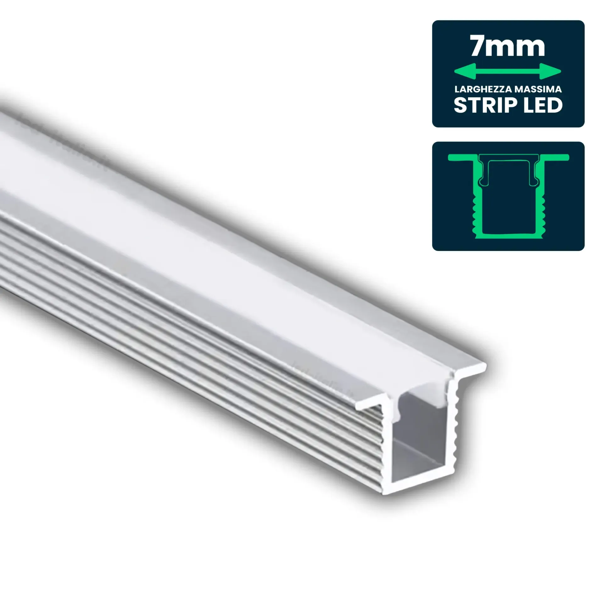 Profilo Lineare da Incasso per Strip LED fino a 7mm, Alluminio Silver con Copertura Opaca 2000x12.4x9mm, vista angolata