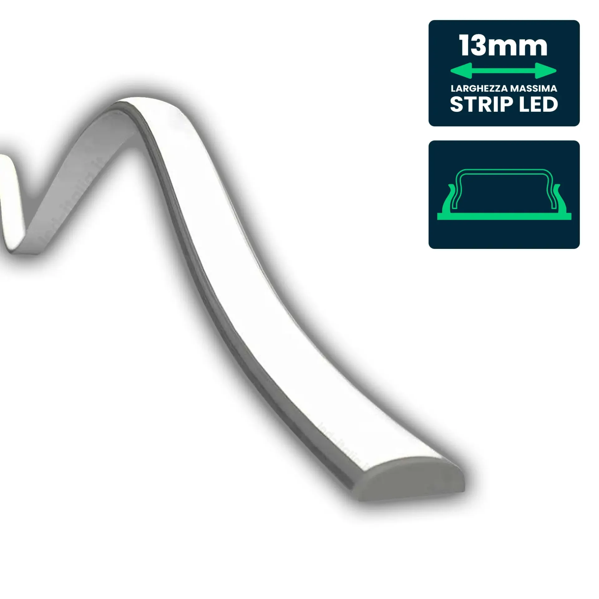 Profilo Lineare Flessibile per Strip LED fino a 13mm, Alluminio Silver con Copertura Opaca 2000x18x6mm, vista angolata prodotto