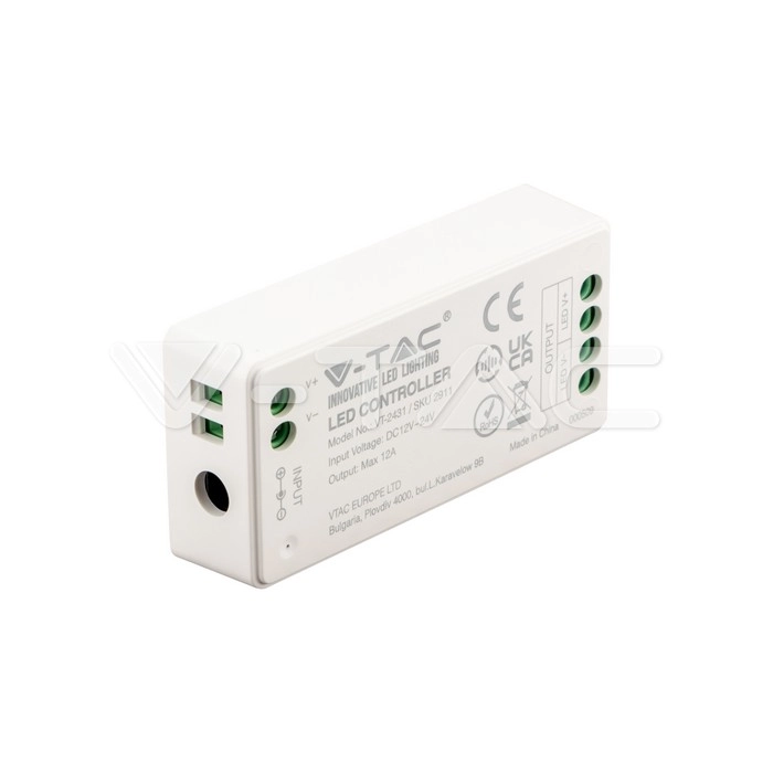 Controller Dimmer Wireless RF 2.4 GHz per Strip LED Monocolore 1 Canale 12V/24V 12A, vista angolata