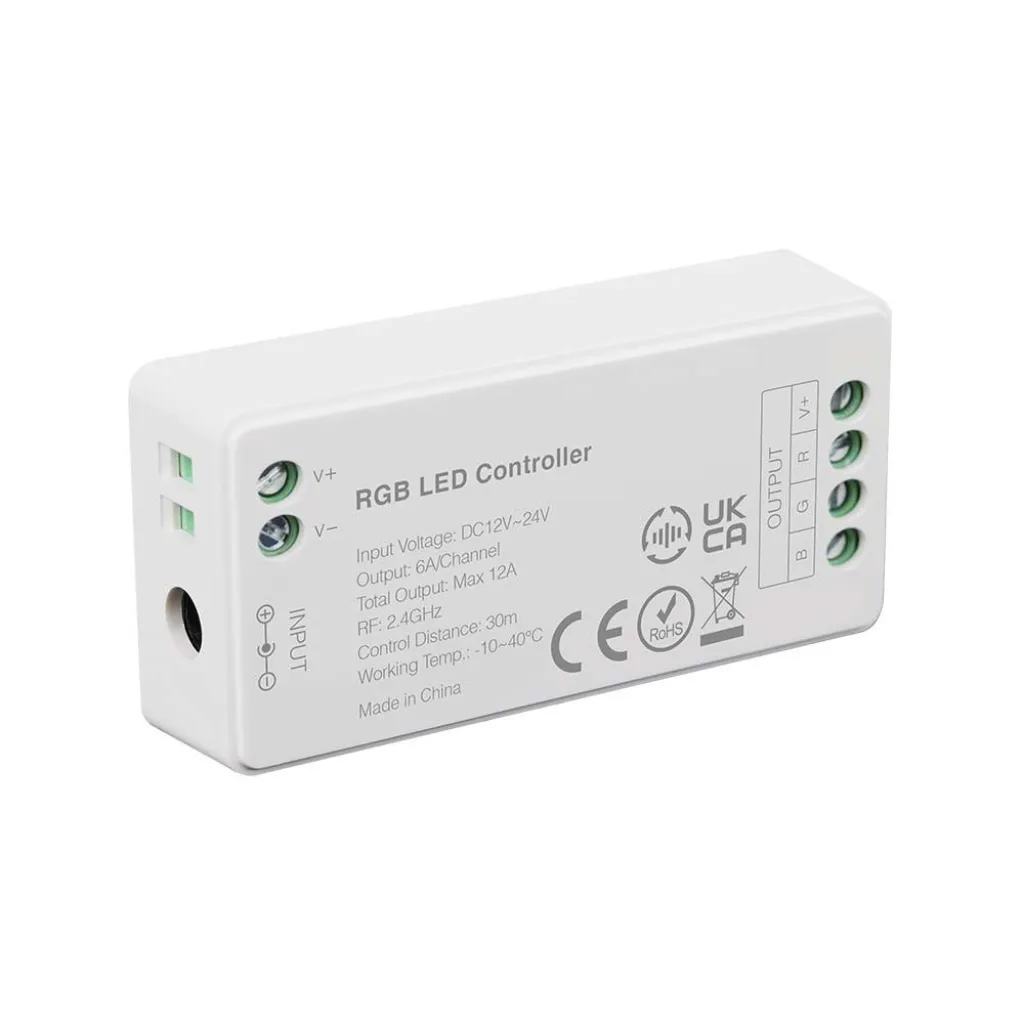 Controller Dimmer Wireless RF 2.4 GHz per Strip LED RGBW 4 Canali 12V/24V 12A, vista angolata frontale