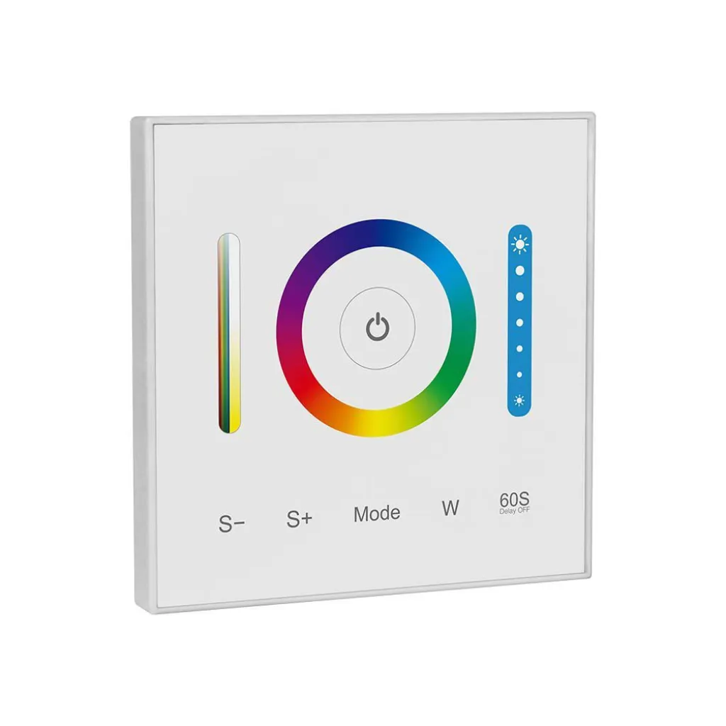 Controller Dimmer Wireless RF 2.4GHz per Strip LED RGB/RGBW/RGBCCT 5 Canali 12V/24V 10A con Pannello di Controllo Touch da Parete, vista frontale