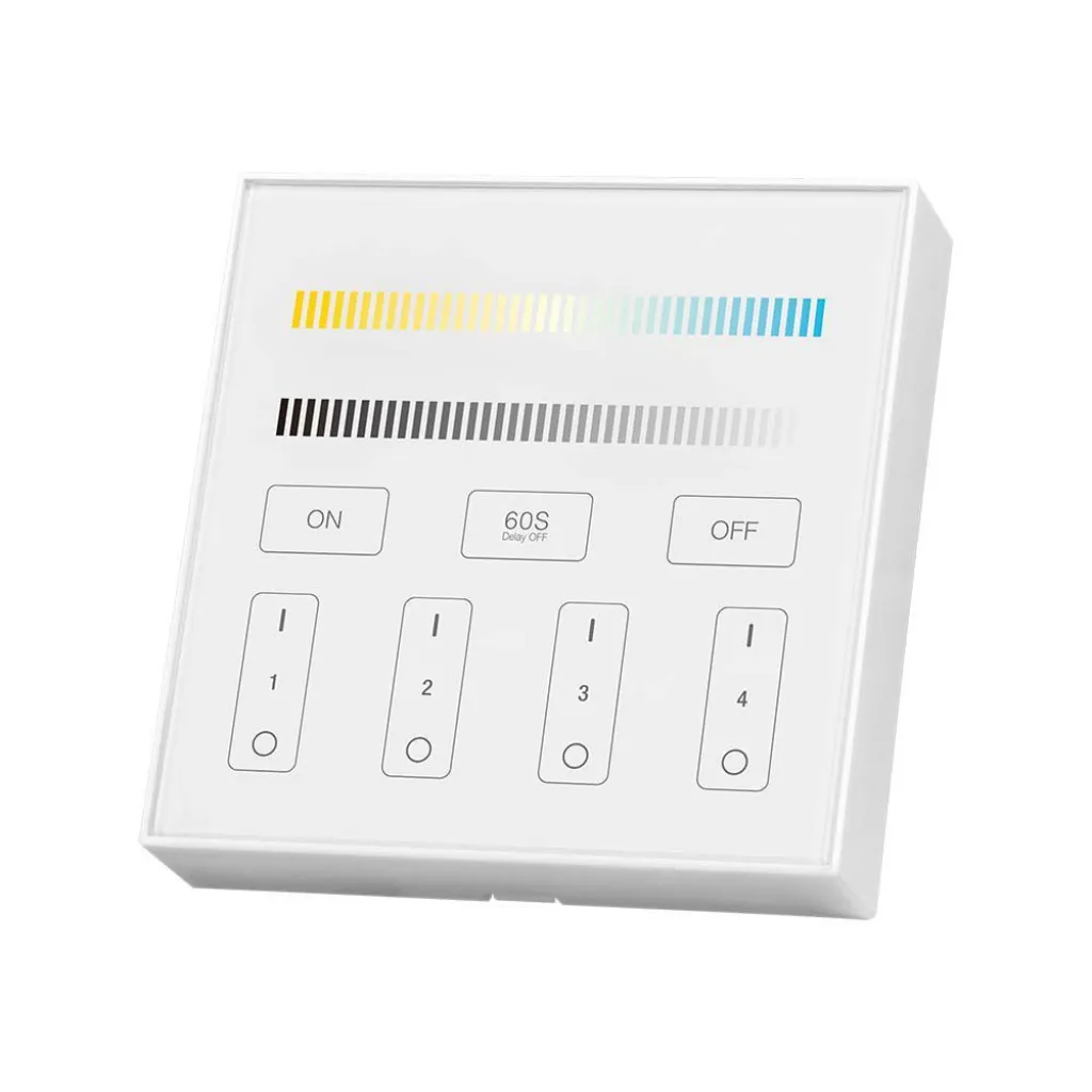 Pannello di Controllo Wireless RF 2.4 GHz Dimmer Touch da Parete per Strip LED CCT 4 Zone, vista frontale angolata