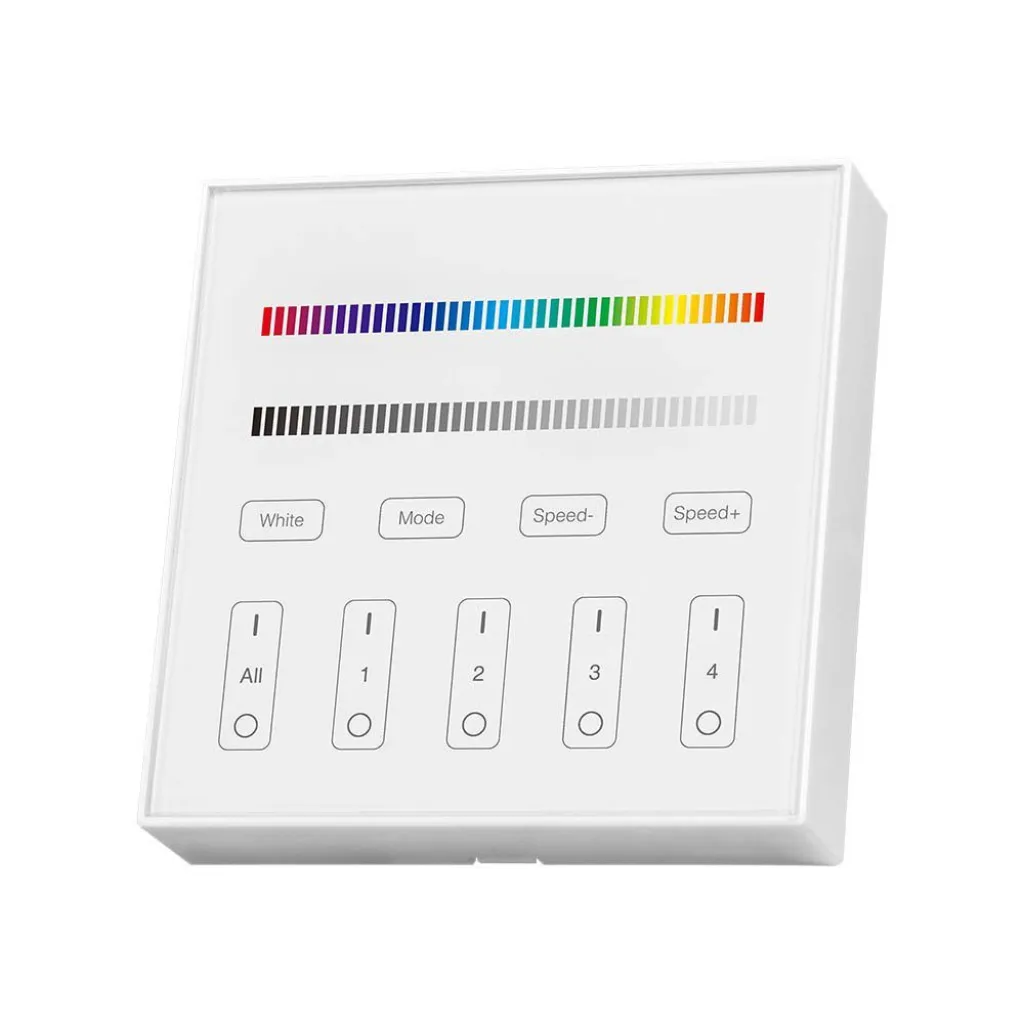 Pannello di Controllo Wireless RF 2.4 GHz Dimmer Touch da Parete per Strip LED RGB RGBW 4 Zone, vista frontale angolata