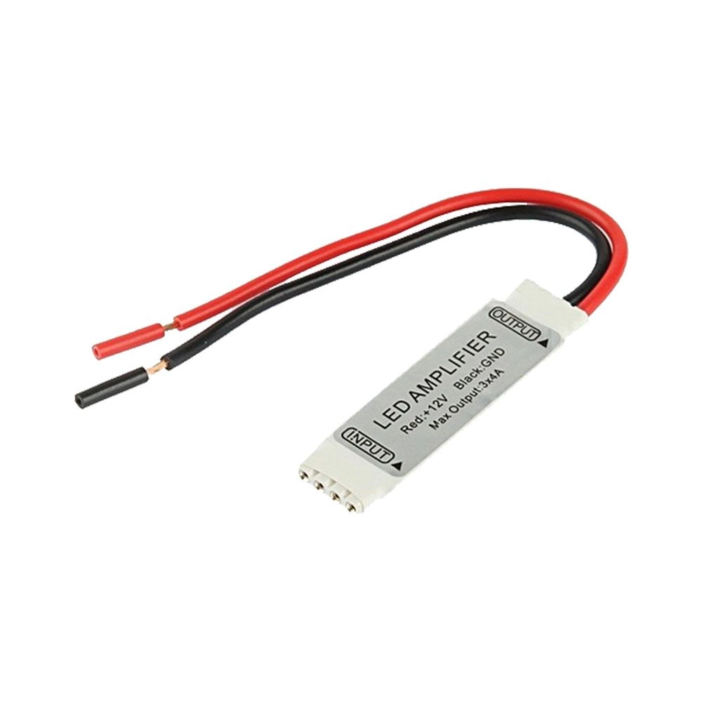 Mini Amplificatore di Segnale per Strip LED RGB 4 Pin con Uscita Cavi a Saldare 12V 12A, vista angolata