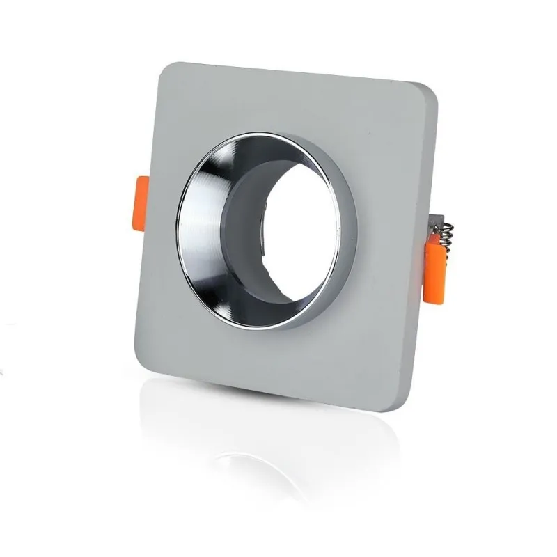 Portafaretto LED da Incasso GU10 Corpo in Gesso Quadrato Colore Grigio con Finitura Cromata, vista angolata