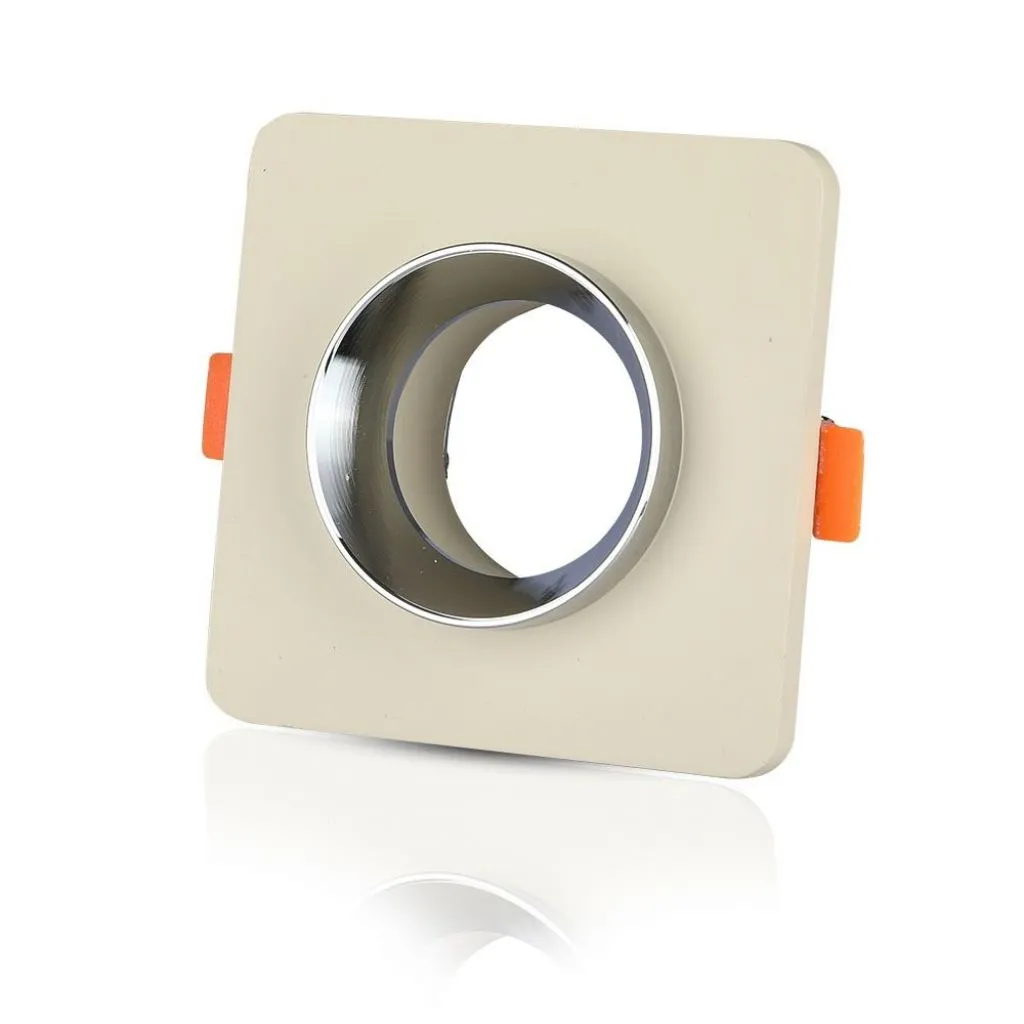 Portafaretto LED da Incasso GU10 Corpo in Gesso Quadrato Colore Bianco con Finitura Cromata, vista angolata frontale