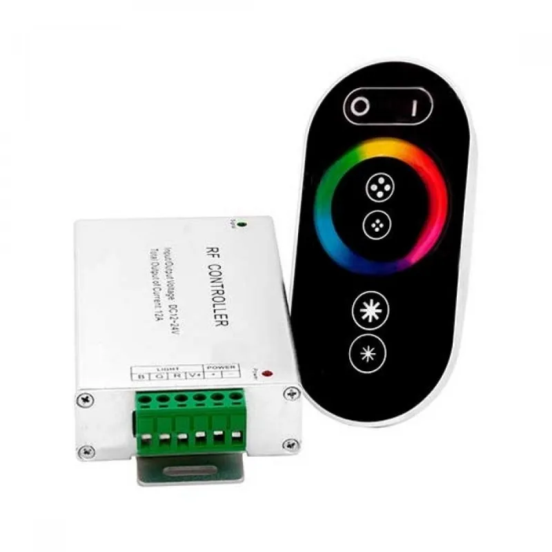 Controller Dimmer Wireless RF 2.4GHz per Strip LED RGB 3 CanalI 12V/24V 12A con Telecomando Touch 7 tasti, vista frontale dei componenti