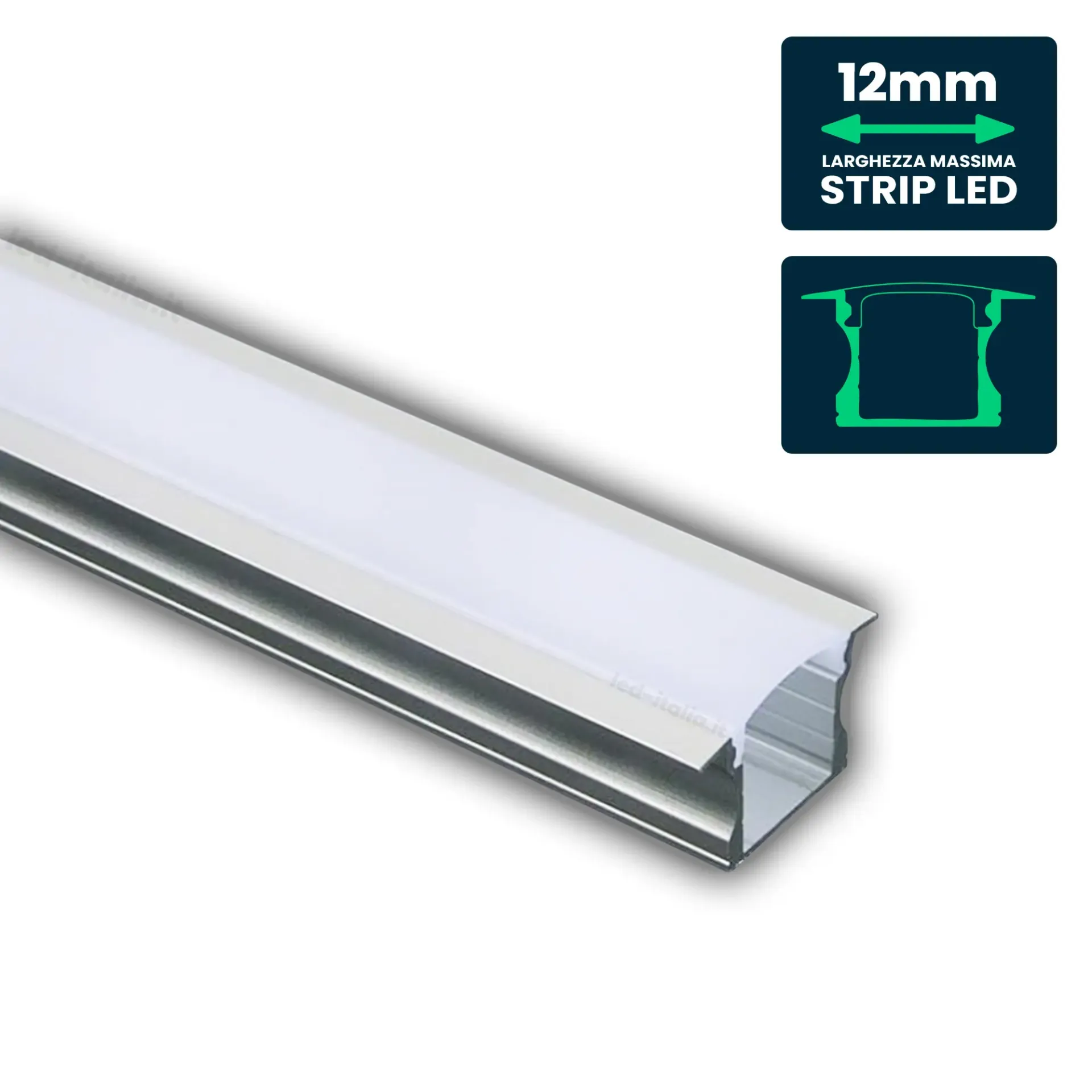 Profilo Lineare da Incasso per Strip LED fino a 12mm, Alluminio Silver con Copertura Opaca 2000x24x14.2mm, vista angolata
