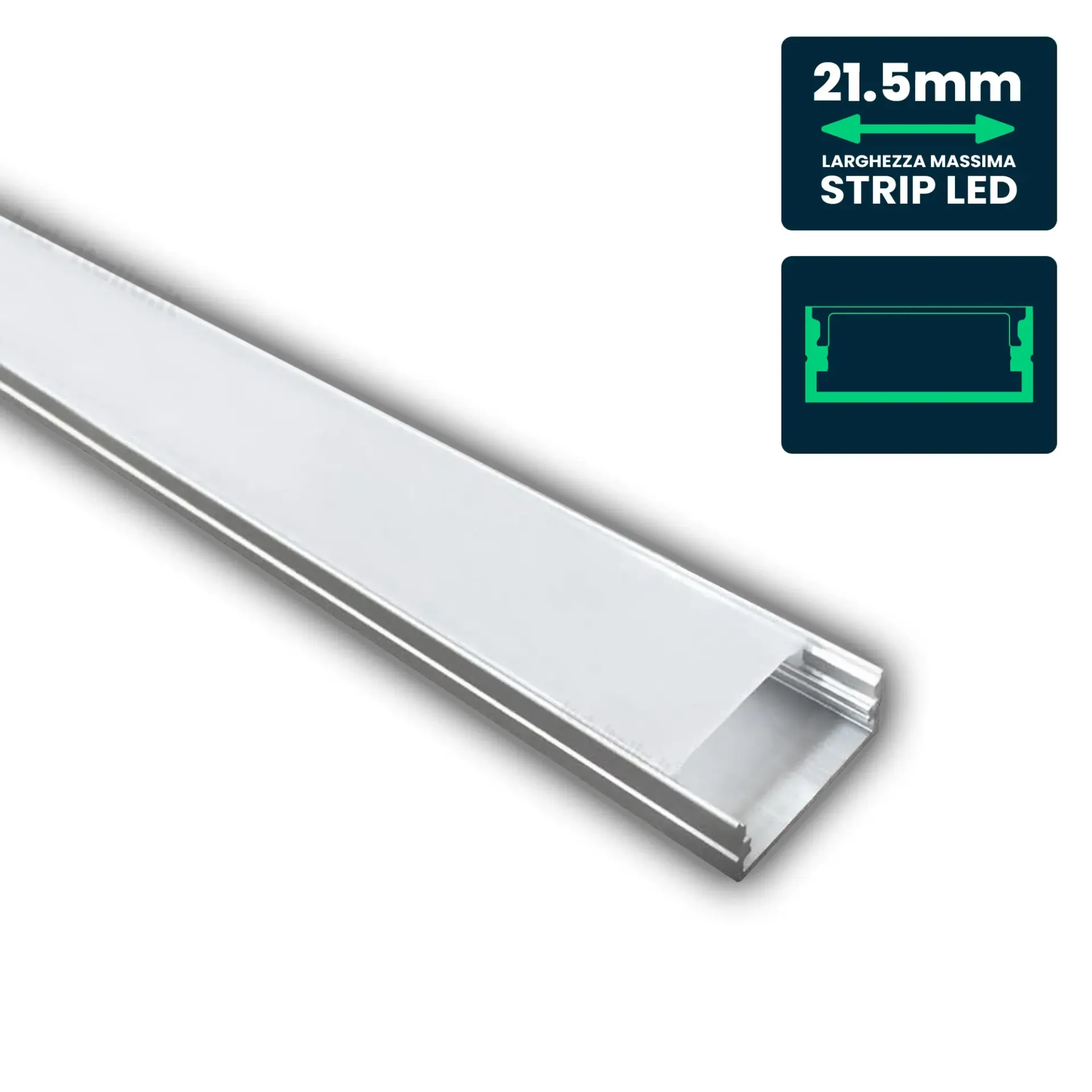 Profilo Lineare per Strip LED fino a 21.5mm, Alluminio Silver con Copertura Opaca 2000x23.5x9.8mm, vista angolata