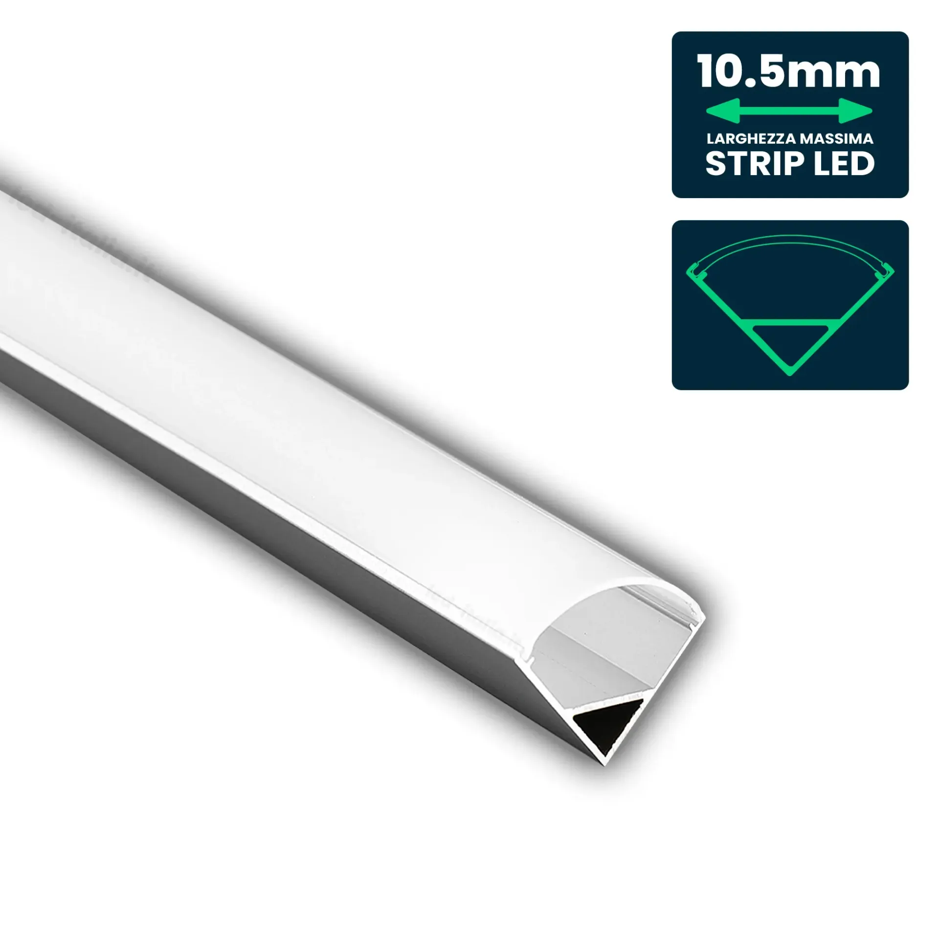Profilo Angolare per Strip LED fino a 10.5mm, Alluminio Silver con Copertura Opaca 2000x15.8x15.8mm, vista angolata