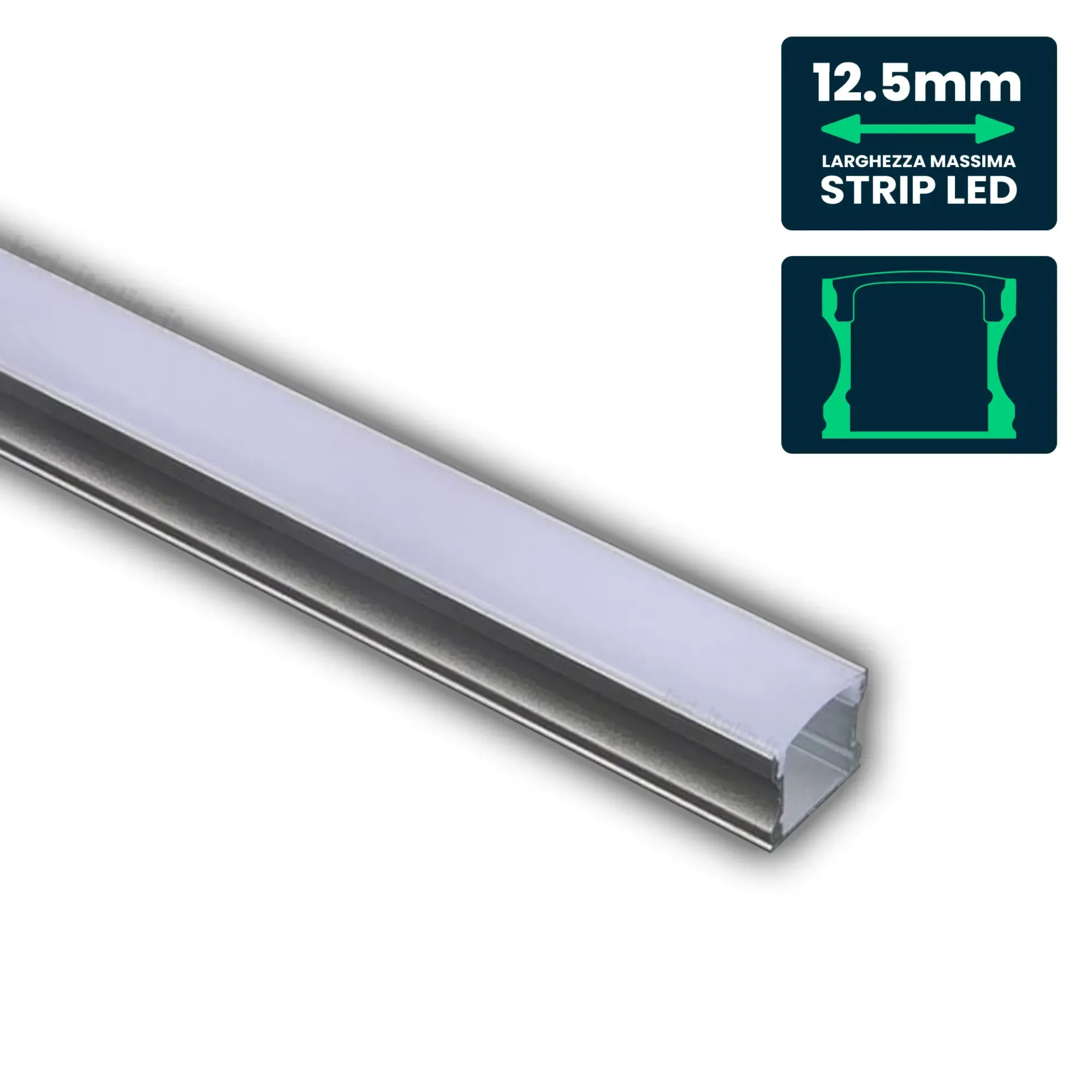 Profilo Lineare per Strip LED fino a 12.5mm, Alluminio Silver con Copertura Opaca 2000x17.2x14.4mm, vista angolata del profilo
