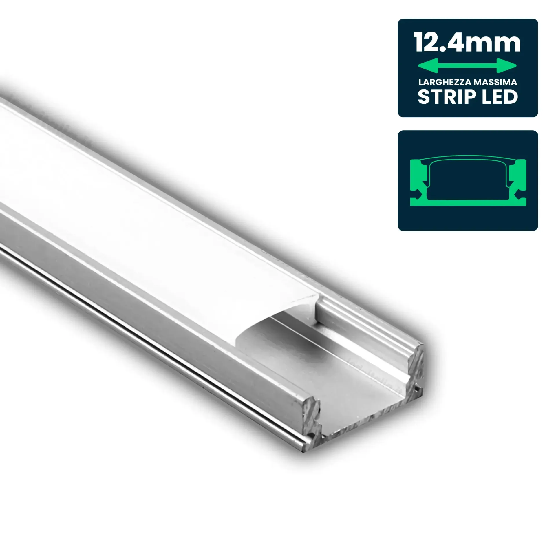 Profilo Lineare per Strip LED fino a 12.4mm, Alluminio Silver con Copertura Opaca 2000x17.4x7mm, vista angolata con dettaglio misure