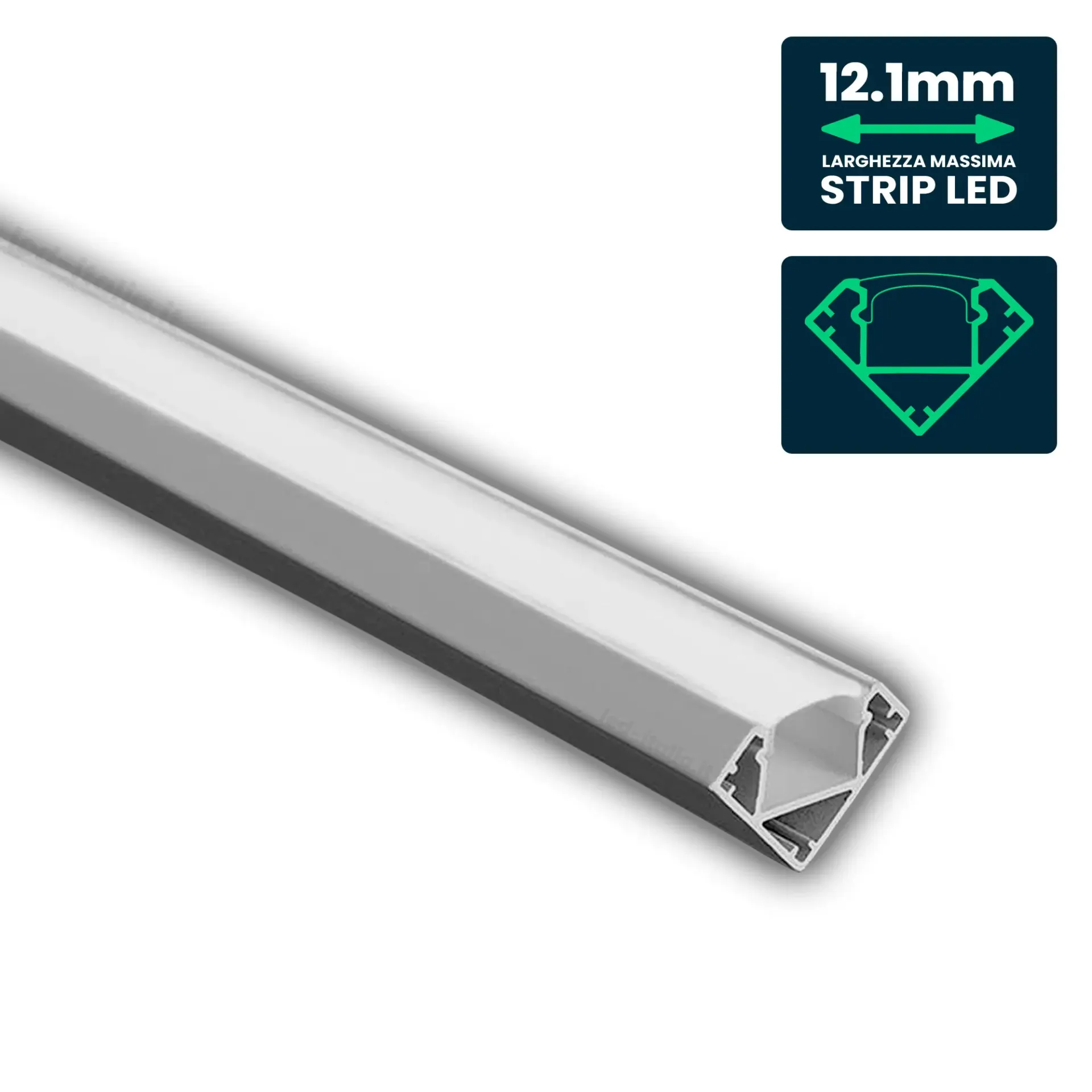 Profilo Angolare per Strip LED fino a 12.1mm, Alluminio Silver con Copertura Opaca 2000x19x19mm, vista angolata