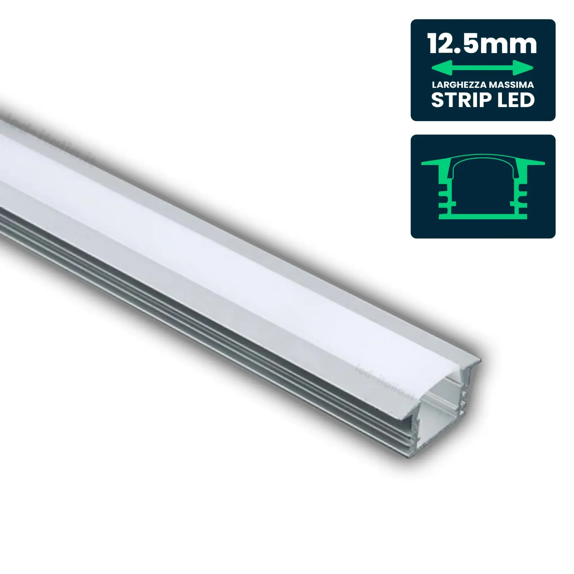 Profilo Lineare da Incasso per Strip LED fino a 12.5mm, Alluminio Silver con Copertura Opaca 2000x24.5x12.2mm, vista angolata del profilo