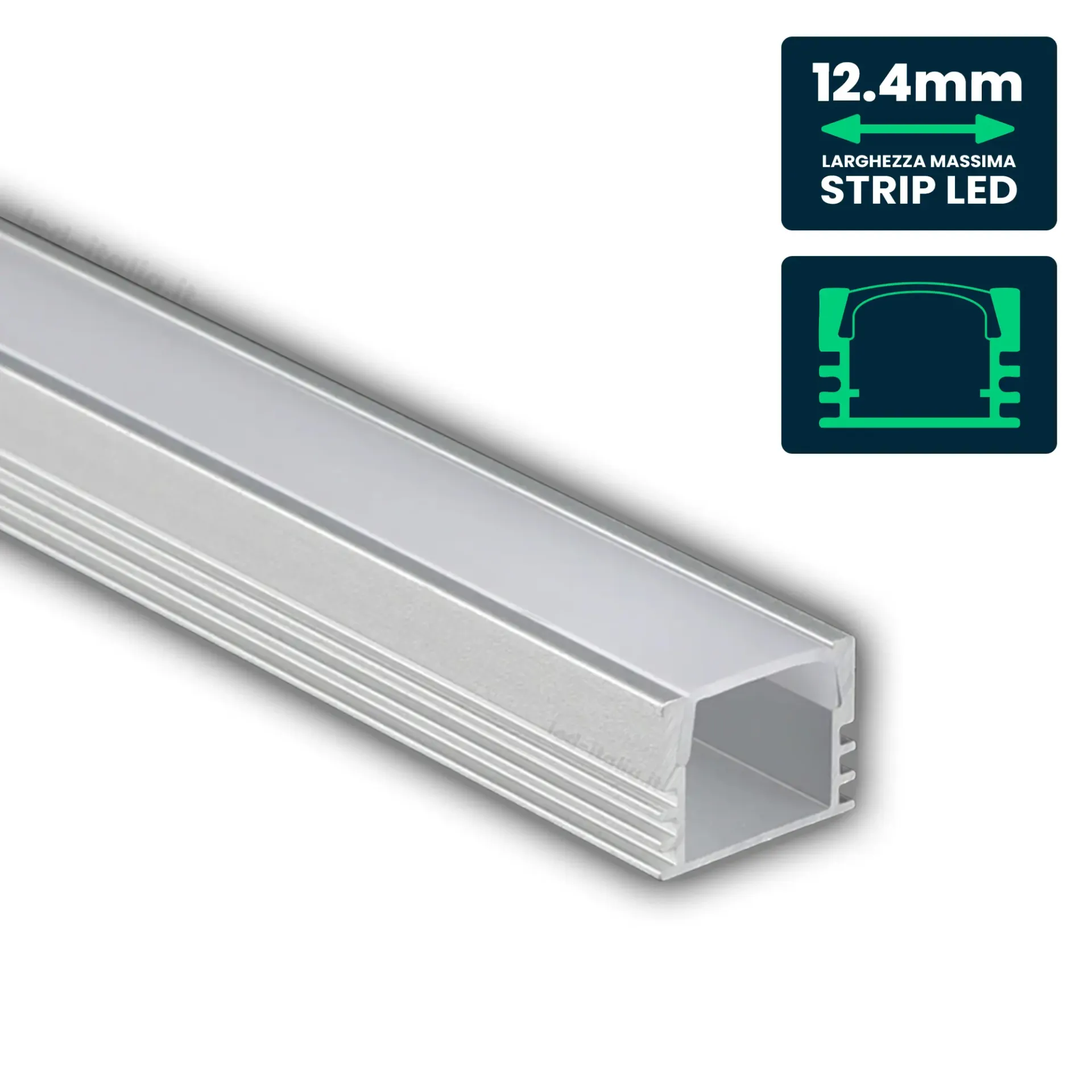 Profilo Lineare per Strip LED fino a 12.4mm, Alluminio Silver con Copertura Opaca 2000x17.4x12.1mm, vista angolata