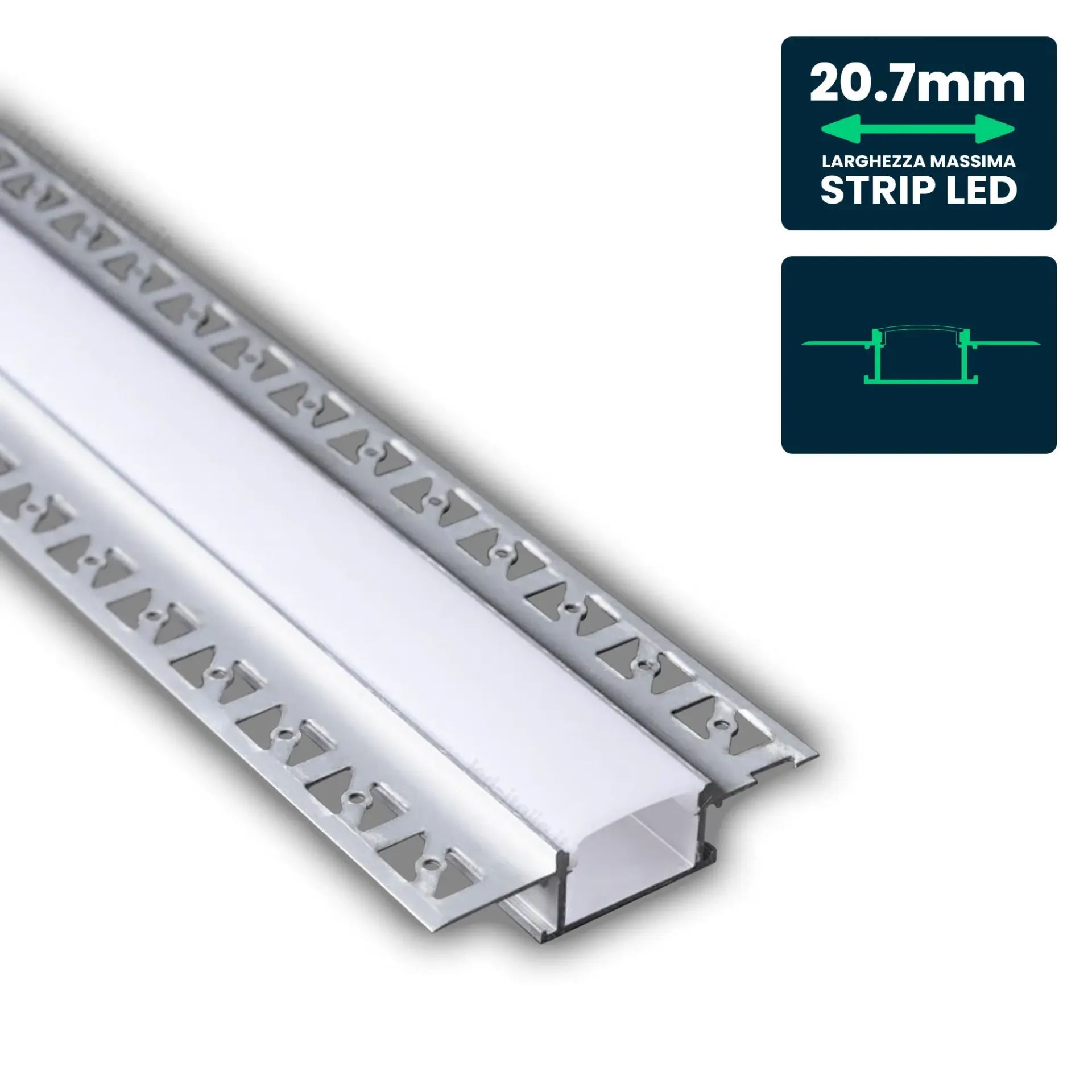 Profilo Lineare da Incasso Cartongesso per Strip LED fino a 20.7mm, Alluminio Silver con Copertura Opaca 2000x61.5x14mm, vista angolata