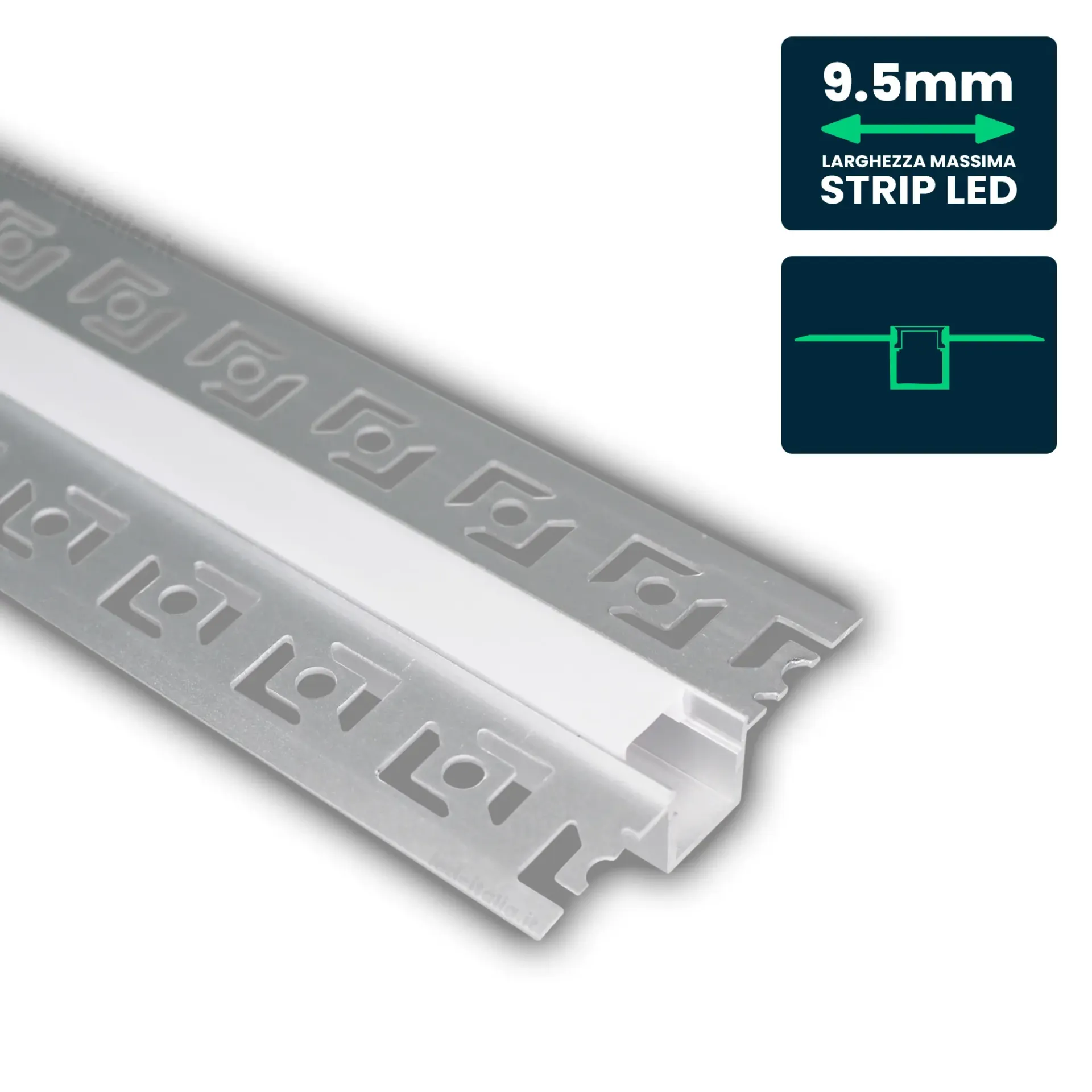 Profilo Lineare da Incasso Cartongesso per Strip LED fino a 9.5mm, Alluminio Silver con Copertura Opaca 2000x52.1x12.5mm, vista angolata del profilo