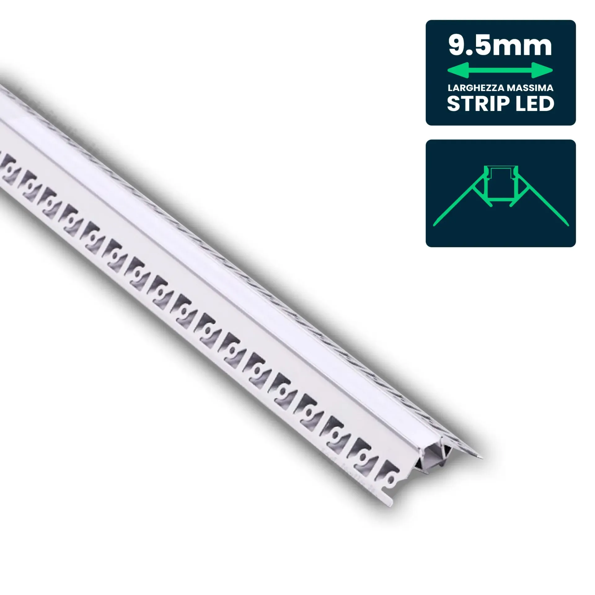 Profilo Angolare Esterno da Incasso Cartongesso per Strip LED fino a 9.5mm, Alluminio Silver con Copertura Opaca 2000x50.1mm, vista angolata