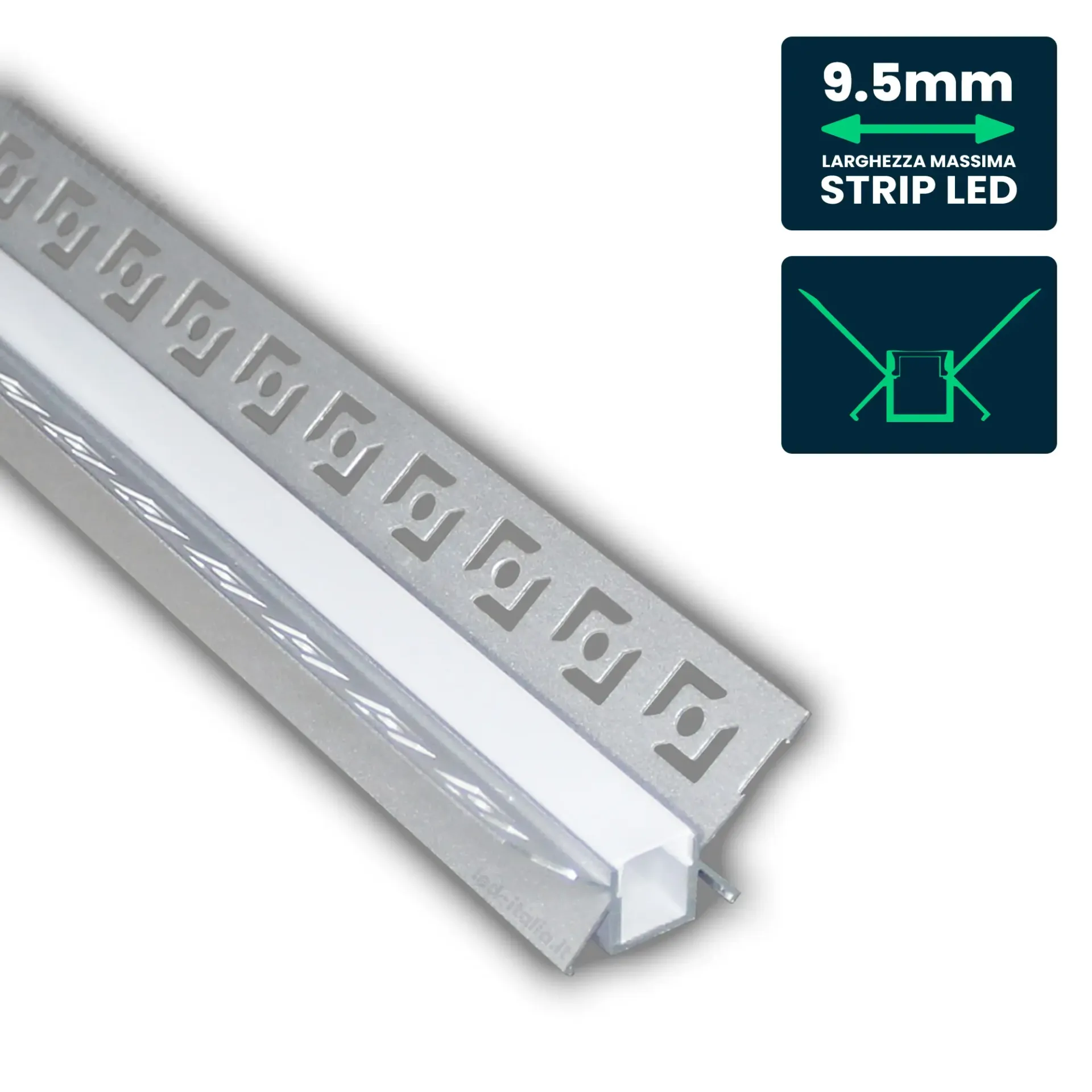Profilo Angolare Interno da Incasso Cartongesso per Strip LED fino a 9.5mm, Alluminio Silver con Copertura Opaca 2000x45.4mm, vista angolata ravvicinata