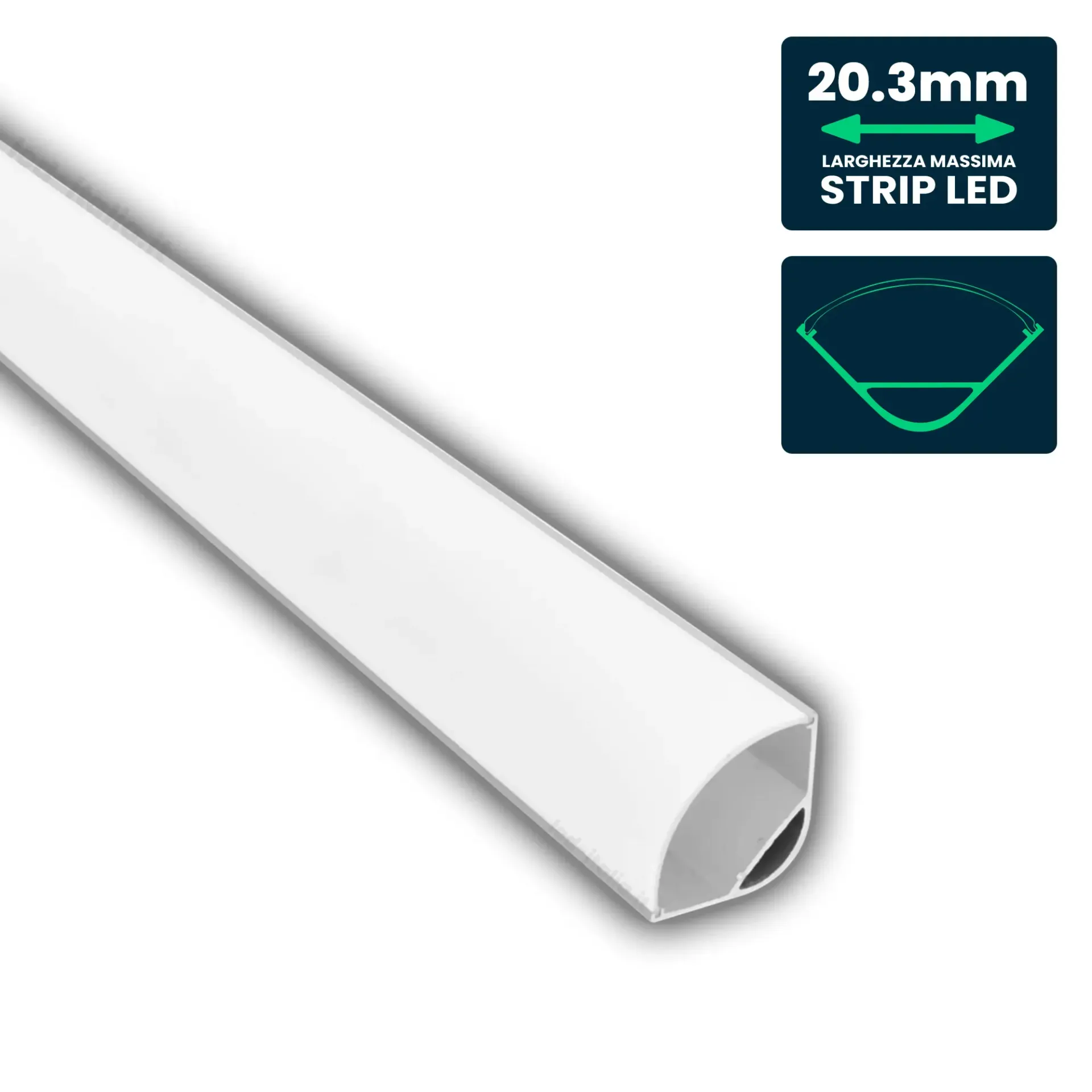 Profilo Angolare Tondo per Strip LED fino a 20.3mm, Alluminio Silver con Copertura Opaca 2000x30x30mm, vista angolata