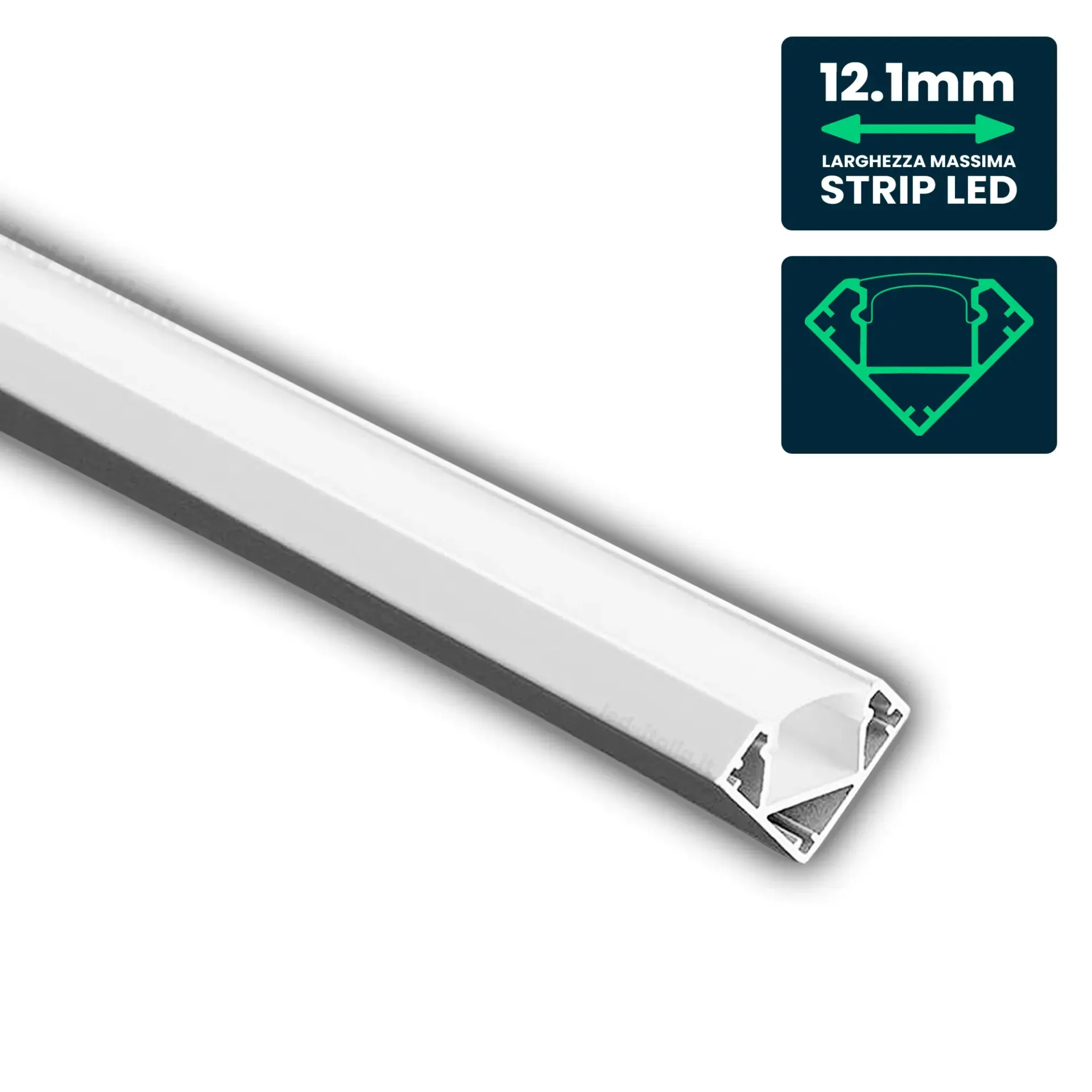 Profilo Angolare per Strip LED fino a 12.1mm, Alluminio Bianco con Copertura Opaca 2000x19x19mm, vista angolata