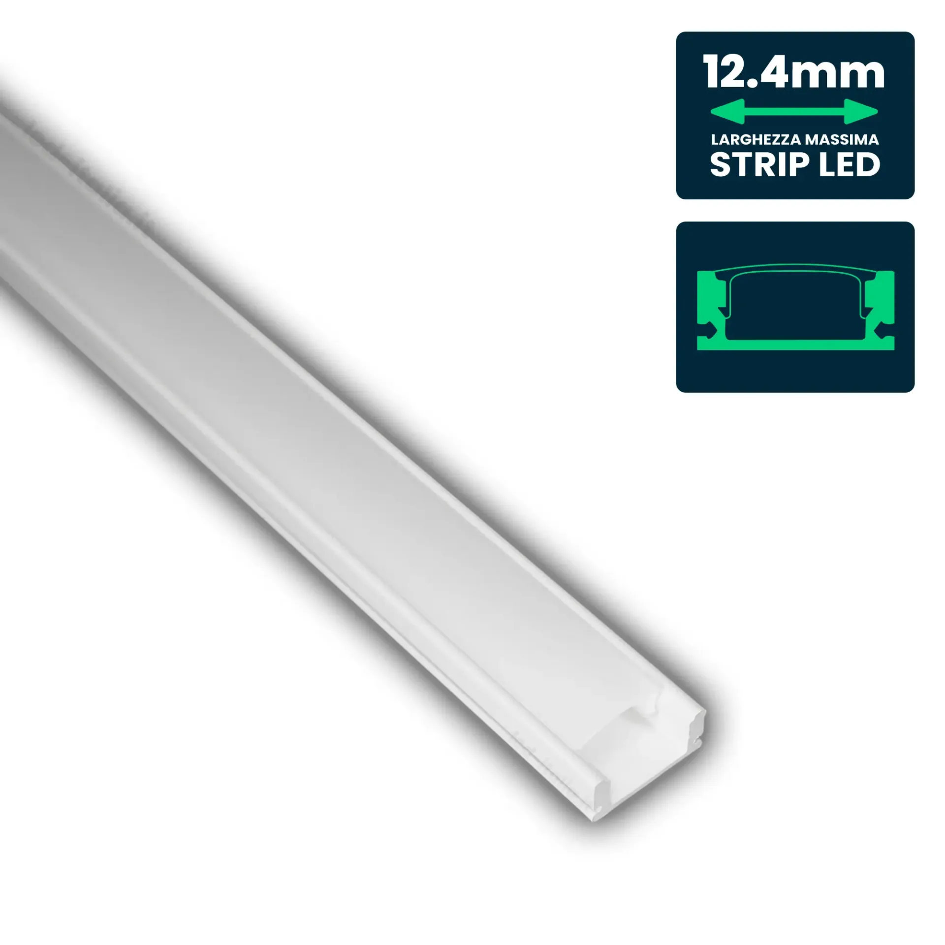 Profilo Lineare per Strip LED fino a 12.4mm, Alluminio Bianco con Copertura Opaca 2000x17.4x7mm, vista angolata