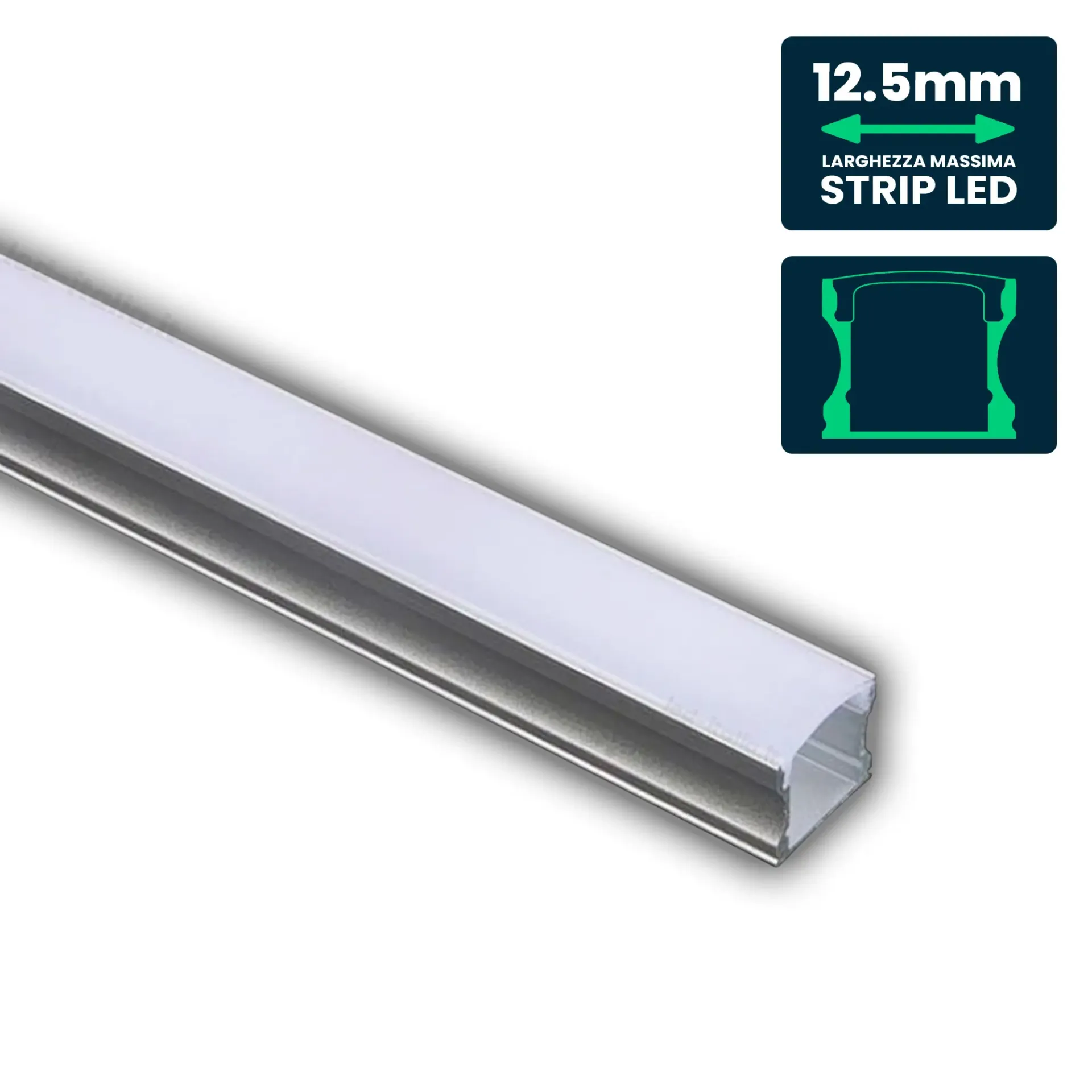 Profilo Lineare per Strip LED fino a 12.5mm, Alluminio Bianco con Copertura Opaca 2000x17.2x14.4mm, vista angolata