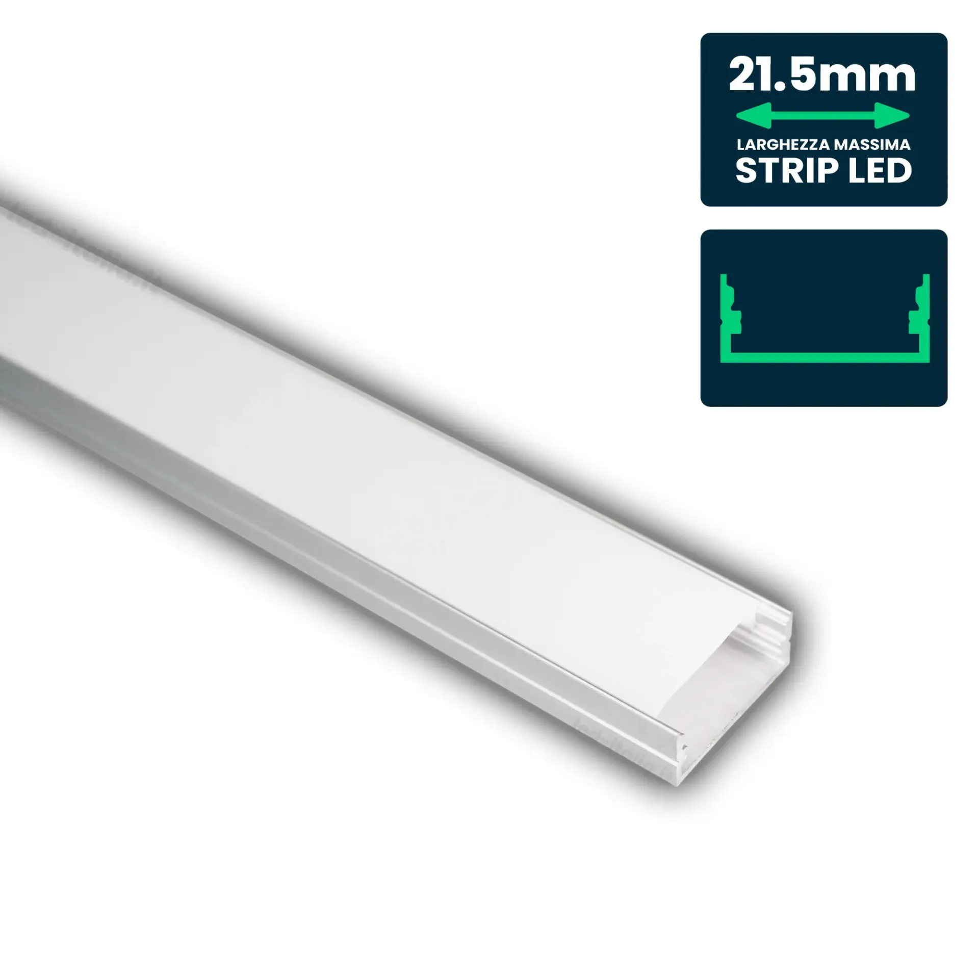 Profilo Lineare per Strip LED fino a 21.5mm, Alluminio Bianco con Copertura Opaca 2000x23.5x9.8mm, vista angolata