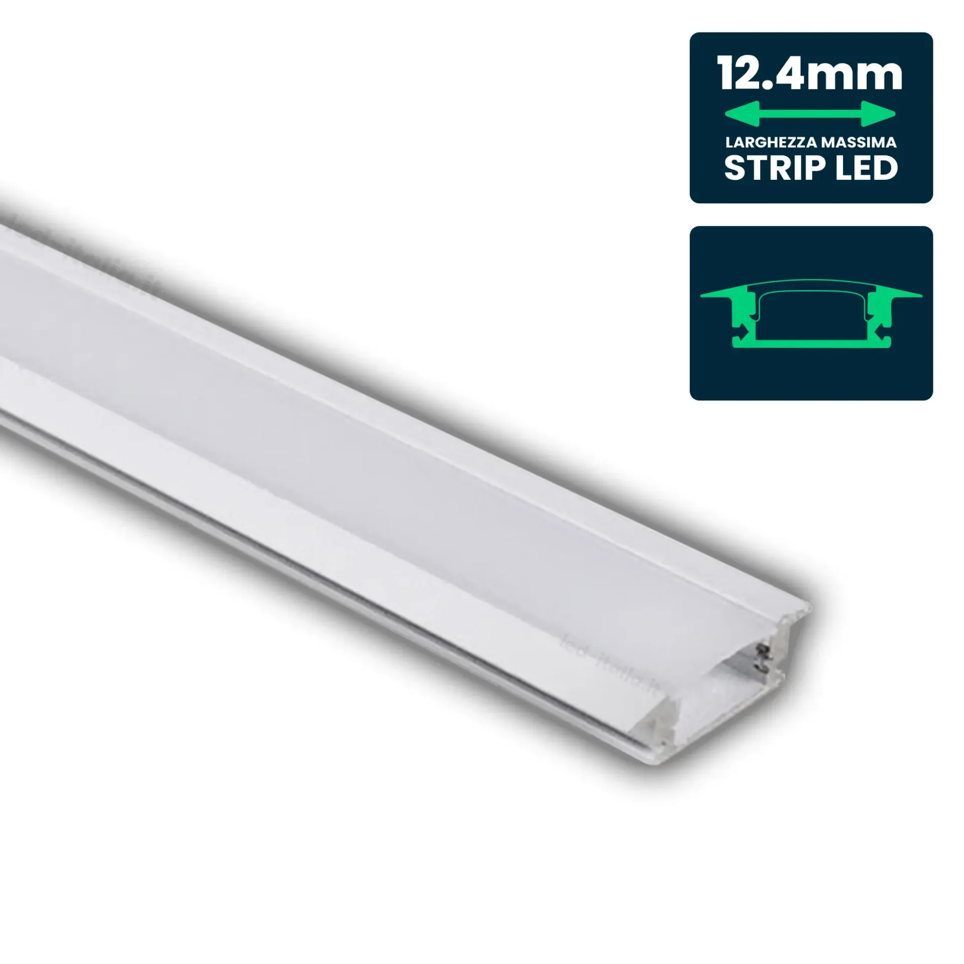 Profilo Lineare da Incasso per Strip LED fino a 12.4mm, Alluminio Bianco con Copertura Opaca 2000x24.7x7mm, vista angolata del profilo
