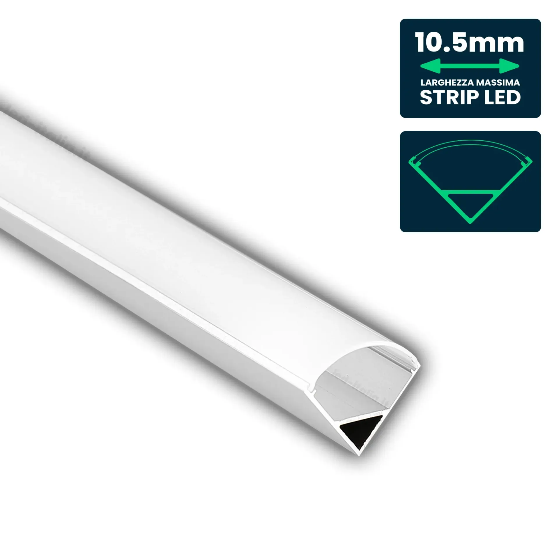 Profilo Angolare per Strip LED fino a 10.5mm, Alluminio Bianco con Copertura Opaca 2000x15.8x15.8mm, vista angolata frontale
