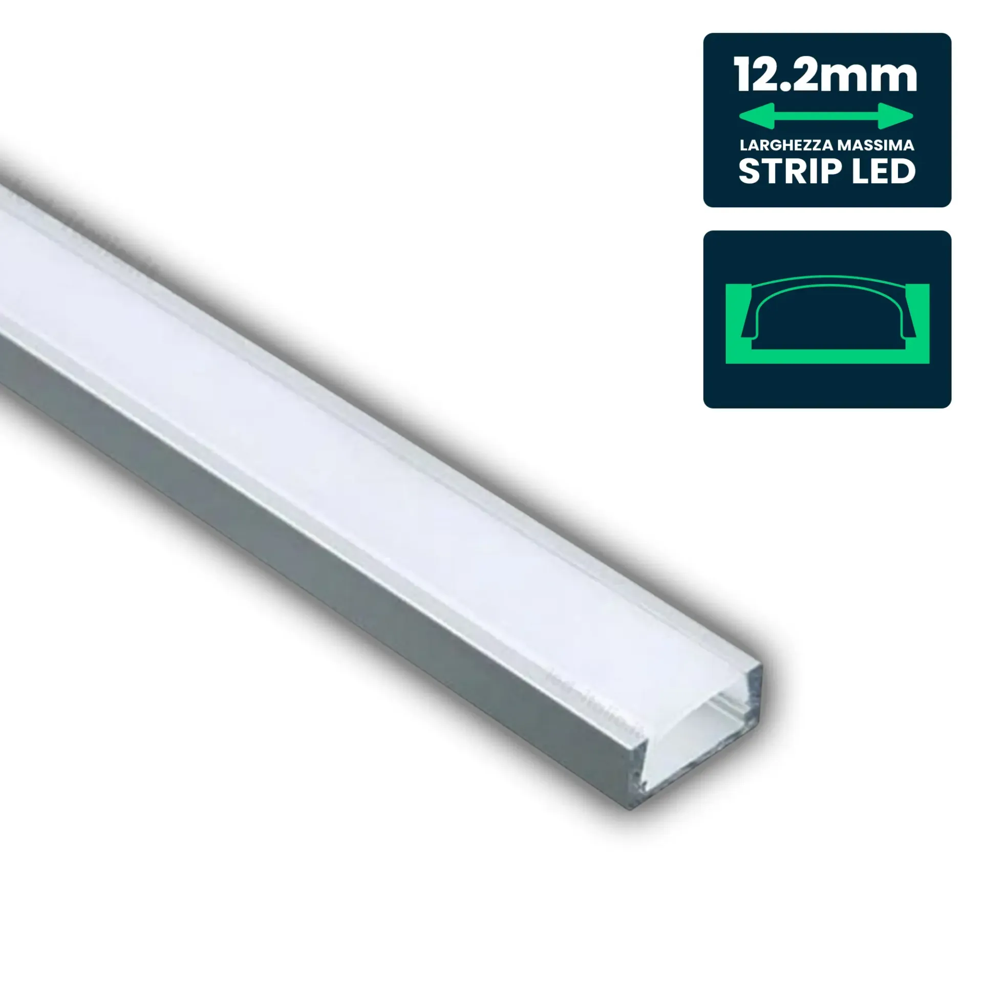 Profilo Lineare per Strip LED fino a 12.2mm, Alluminio Silver con Copertura Opaca 2000x15.55x5.9mm, vista angolata frontale