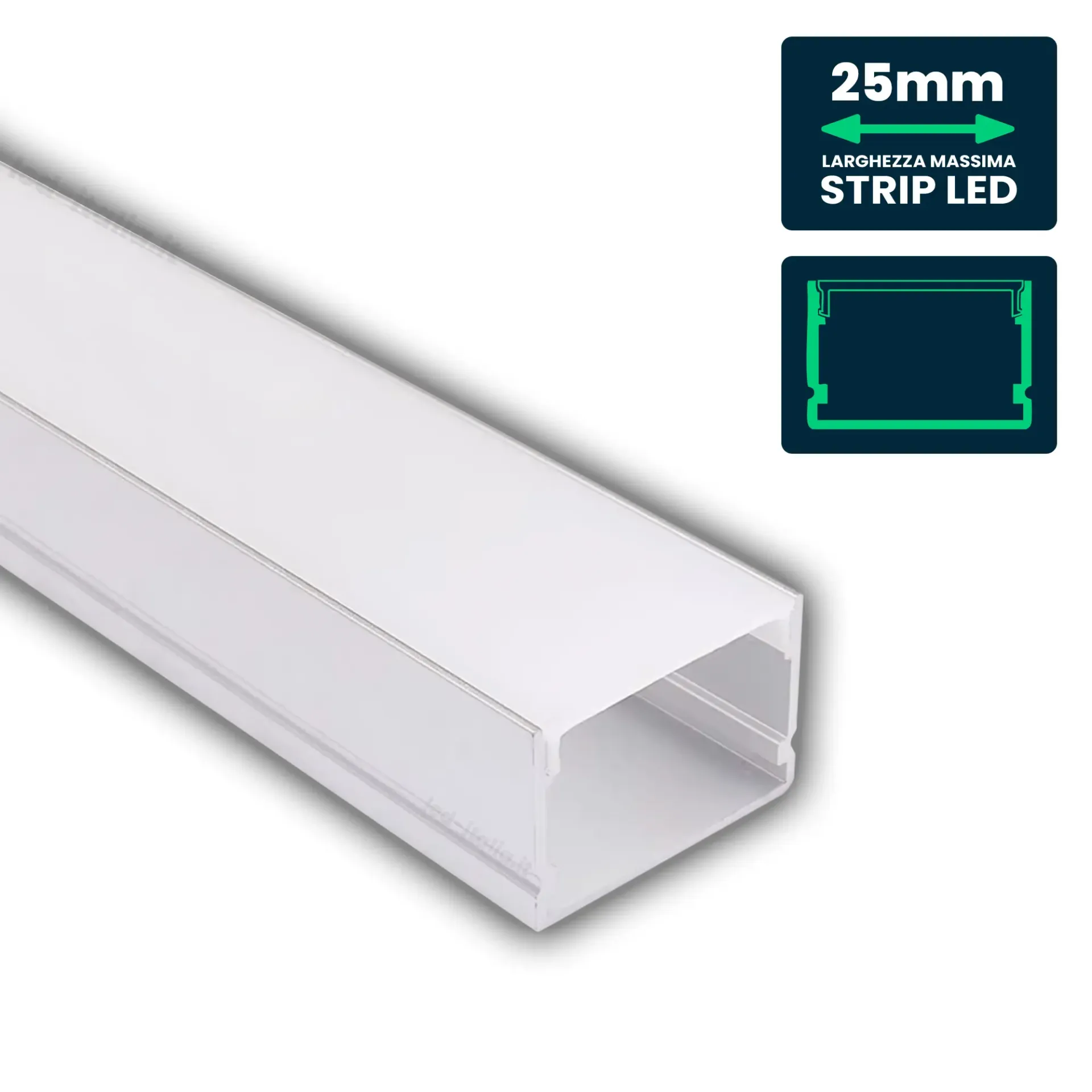 Profilo Lineare per Strip LED fino a 25mm, Alluminio Silver con Copertura Opaca 2000x30x20mm, vista angolata