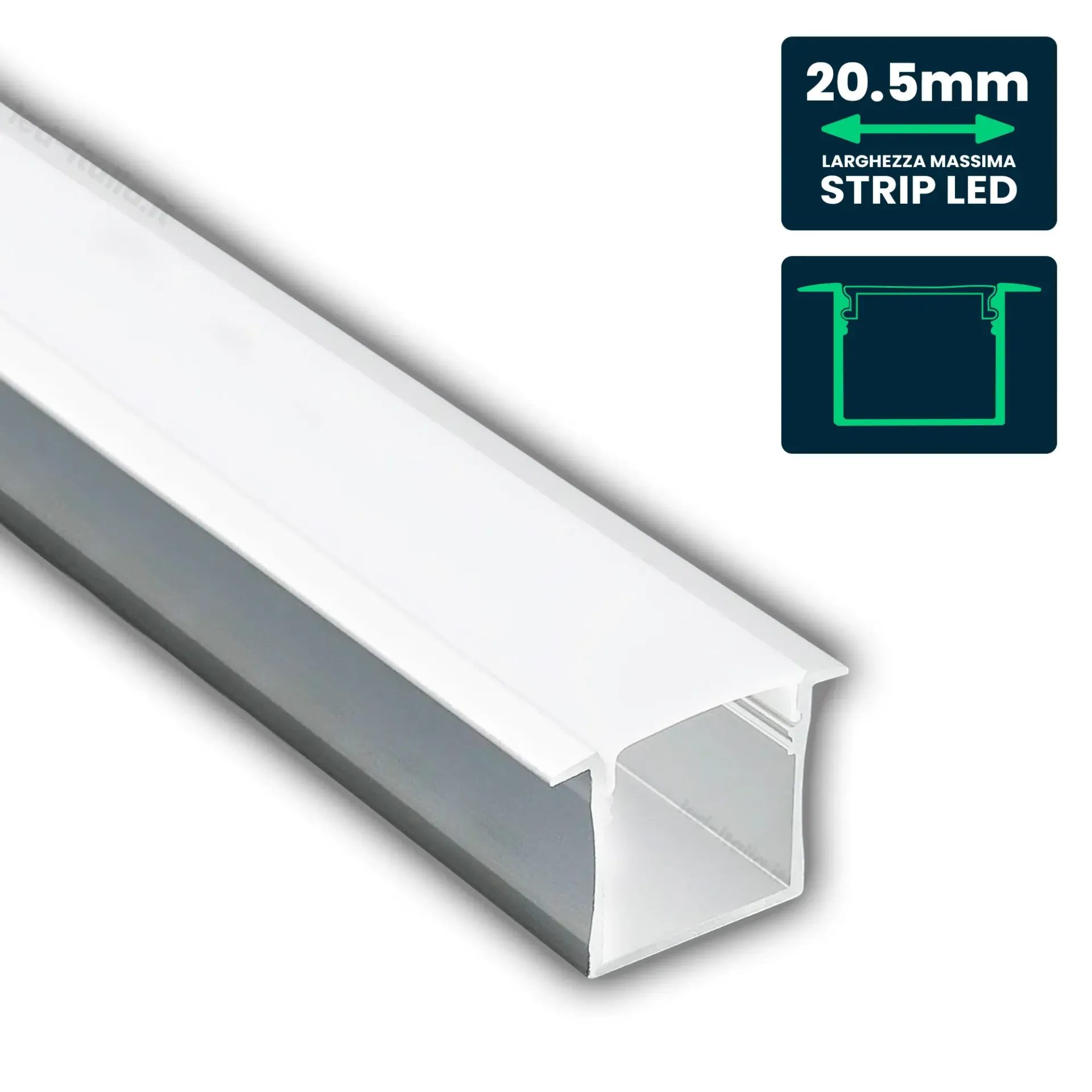 Profilo Lineare da Incasso per Strip LED fino a 20.5mm, Alluminio Silver con Copertura Opaca 2000x30x20.5mm, vista angolata dall'alto