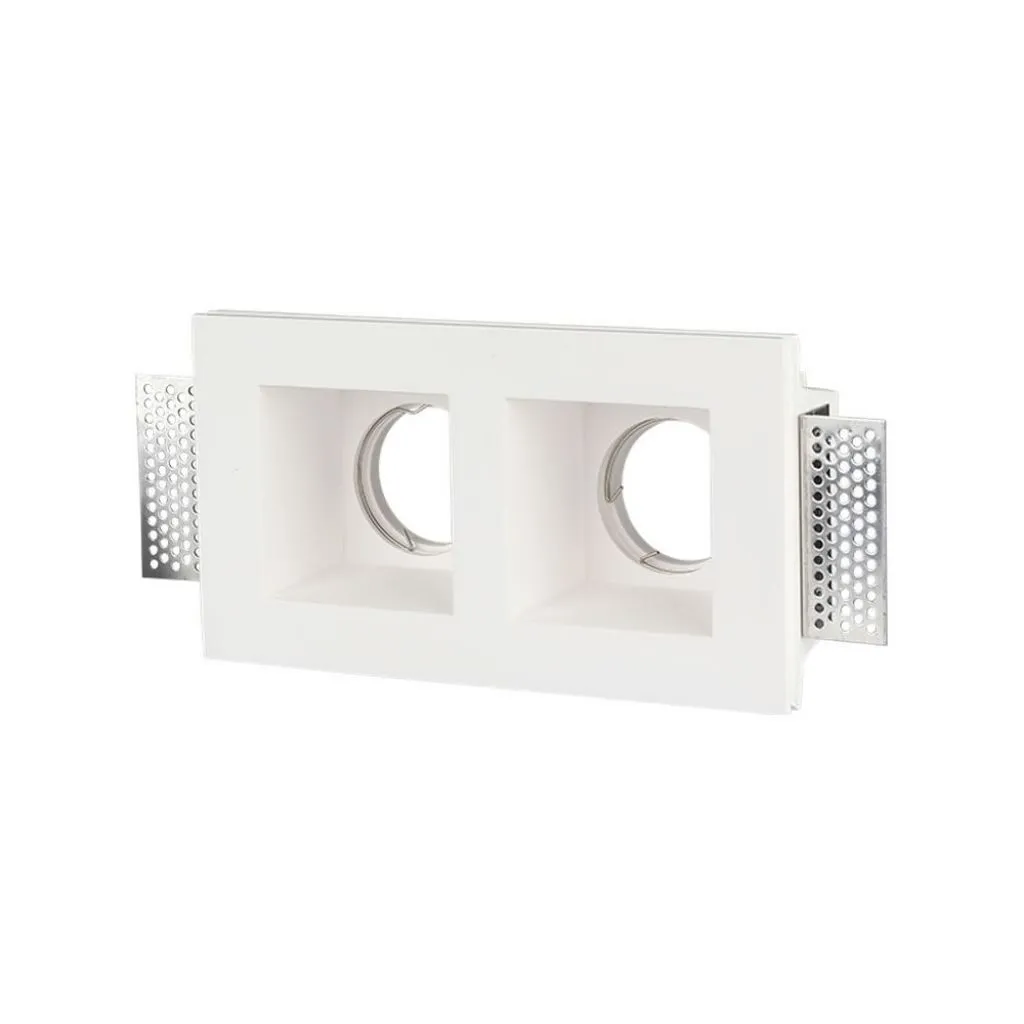 Portafaretto LED Doppio da Incasso Rettangolare 2xGU10 e GU5.3 (MR16) Corpo in Gesso Bianco, vista angolata frontale
