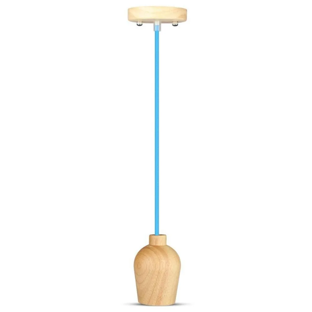 Lampadario LED in Legno con Portalampada E27 (Max 60W) con Cavo Blu, vista frontale
