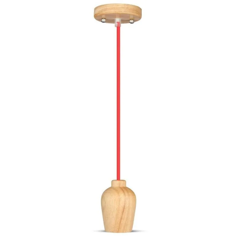 Lampadario LED in Legno con Portalampada E27 (Max 60W) con Cavo Rosso, vista frontale