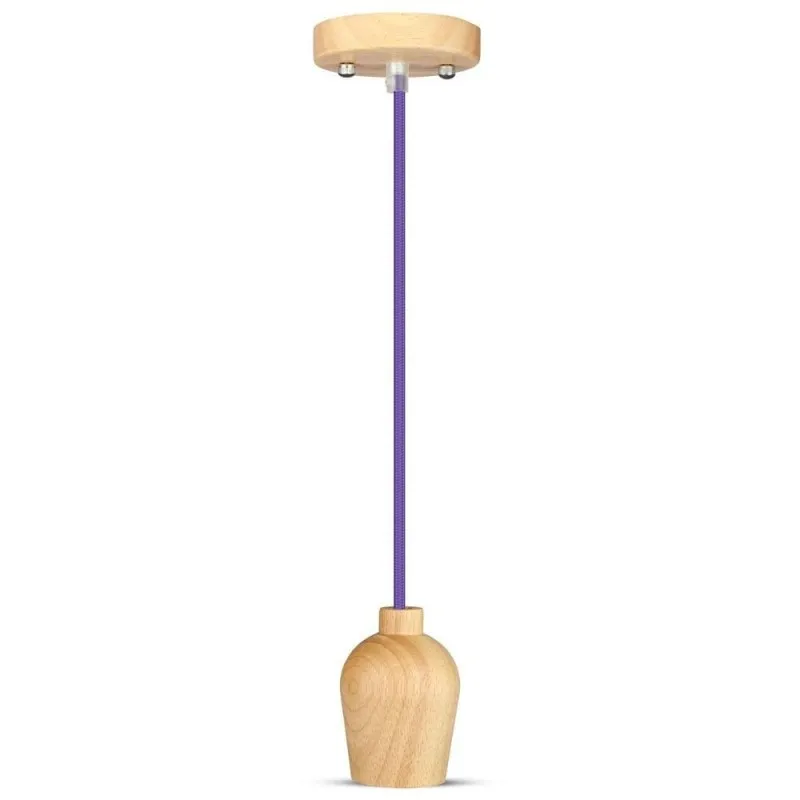 Lampadario LED in Legno con Portalampada E27 (Max 60W) con Cavo Viola, vista frontale