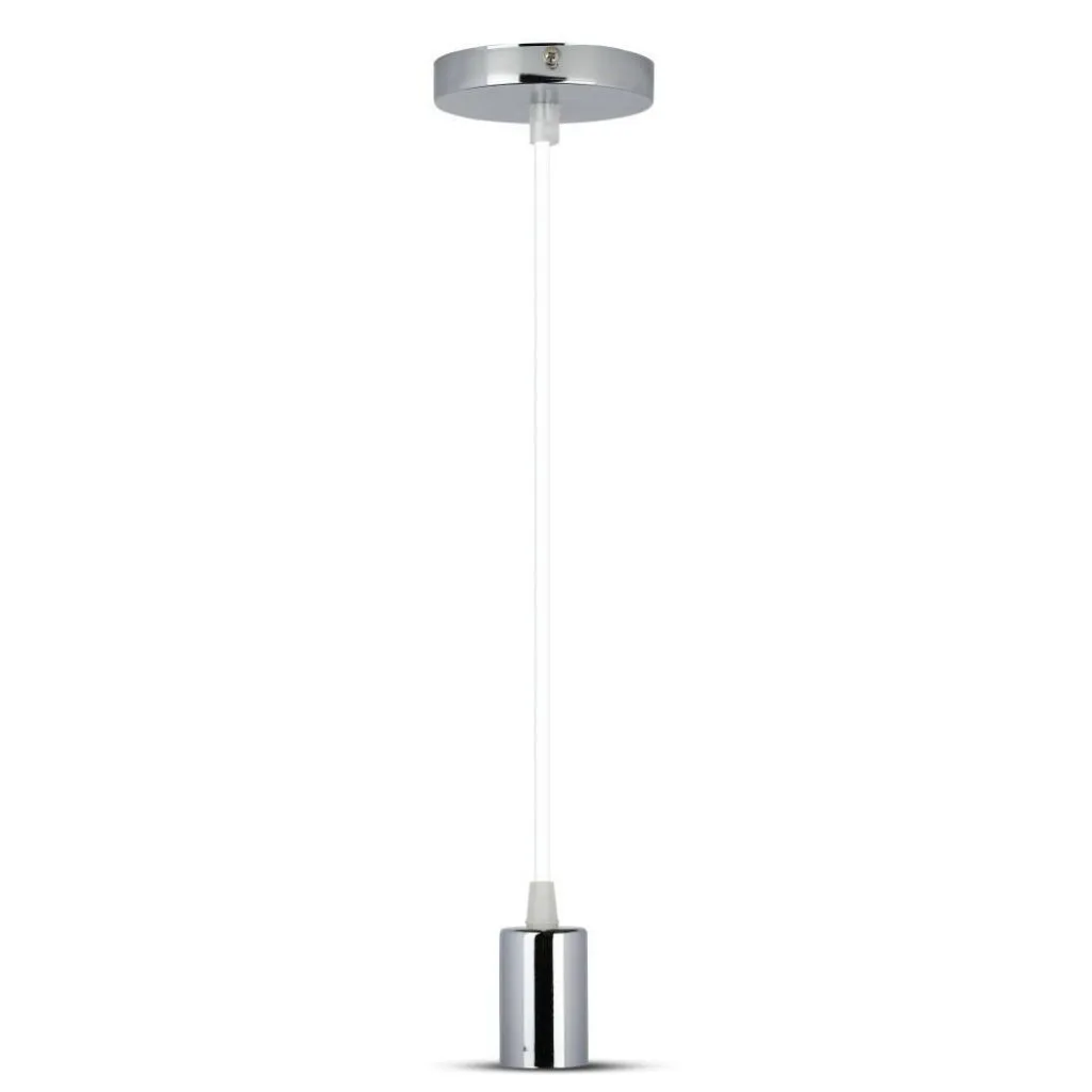 Lampadario LED a Cilindro in Metallo con Portalampada E27 (Max 60W) L:100cm Colore Cromato e Cavo Bianco, vista frontale