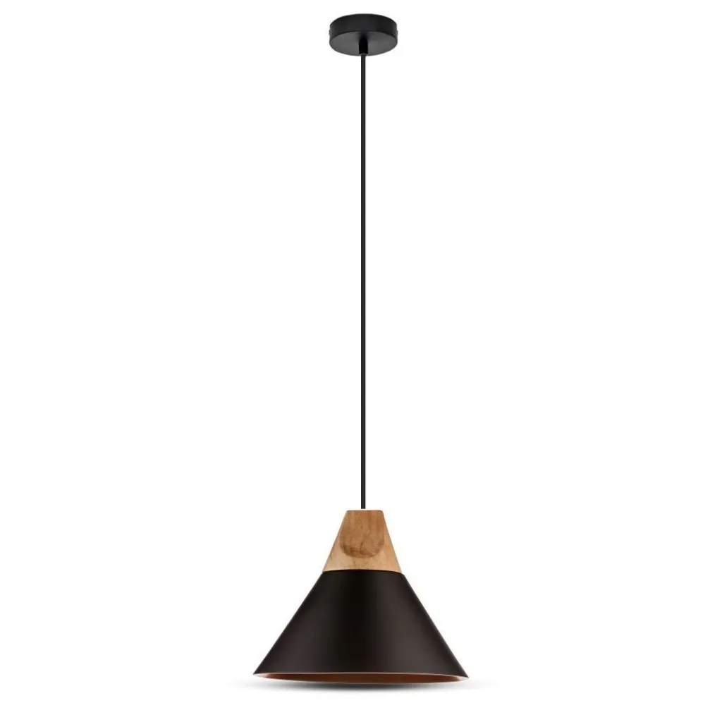 Lampadario LED a Campana in Alluminio e Legno con Portalampada E27 (Max 60W) Colore Nero, vista frontale