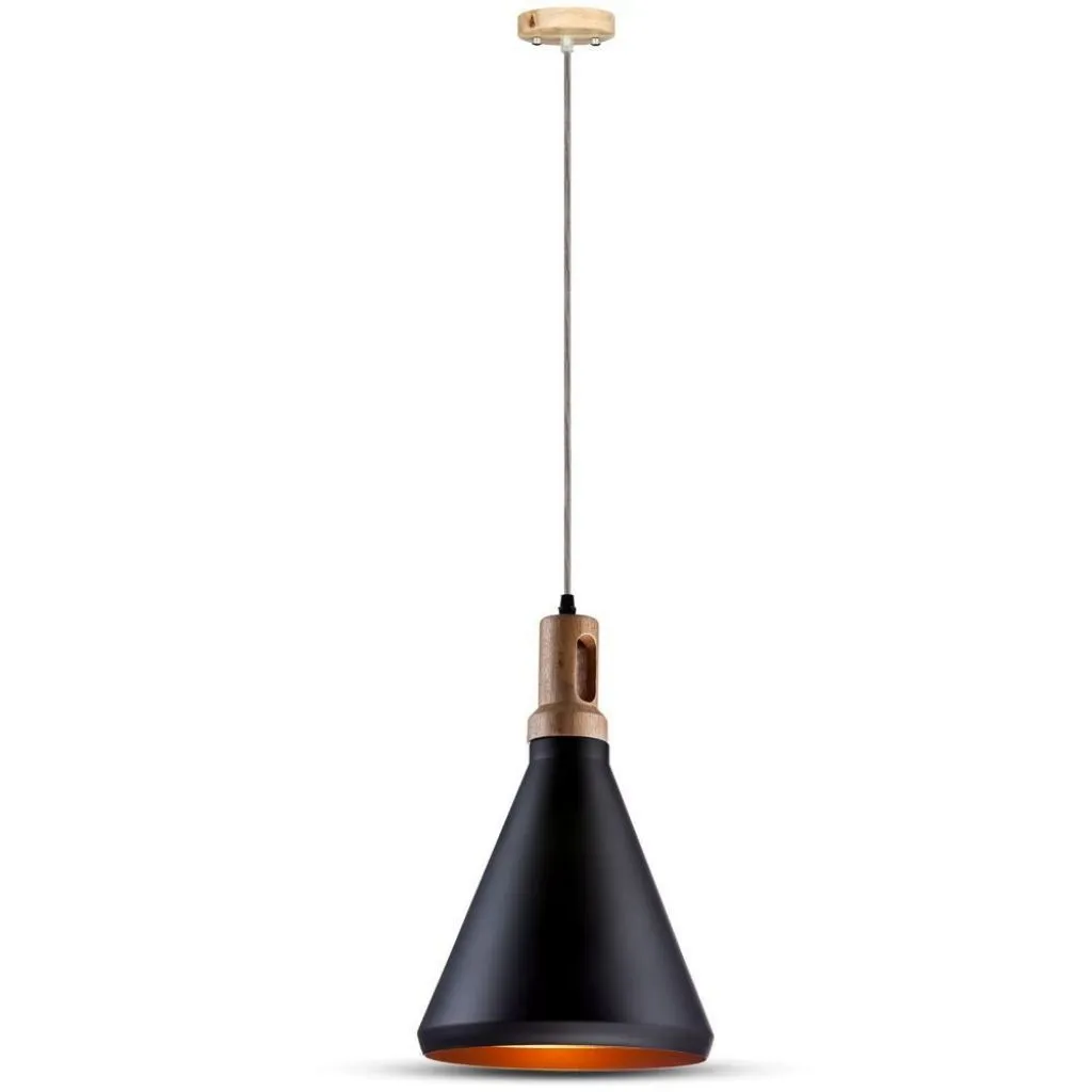 Lampadario LED in Metallo con Portalampada E27 (Max 60W) Colore Nero e Attacco in Legno, vista frontale