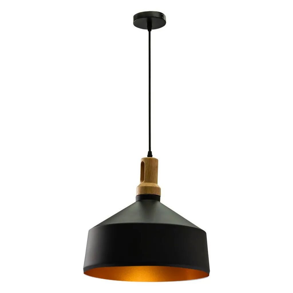 Lampadario LED in Metallo a Coppa con Portalampada E27 (Max 60W) Colore Nero Opaco e Attacco in Legno, vista frontale