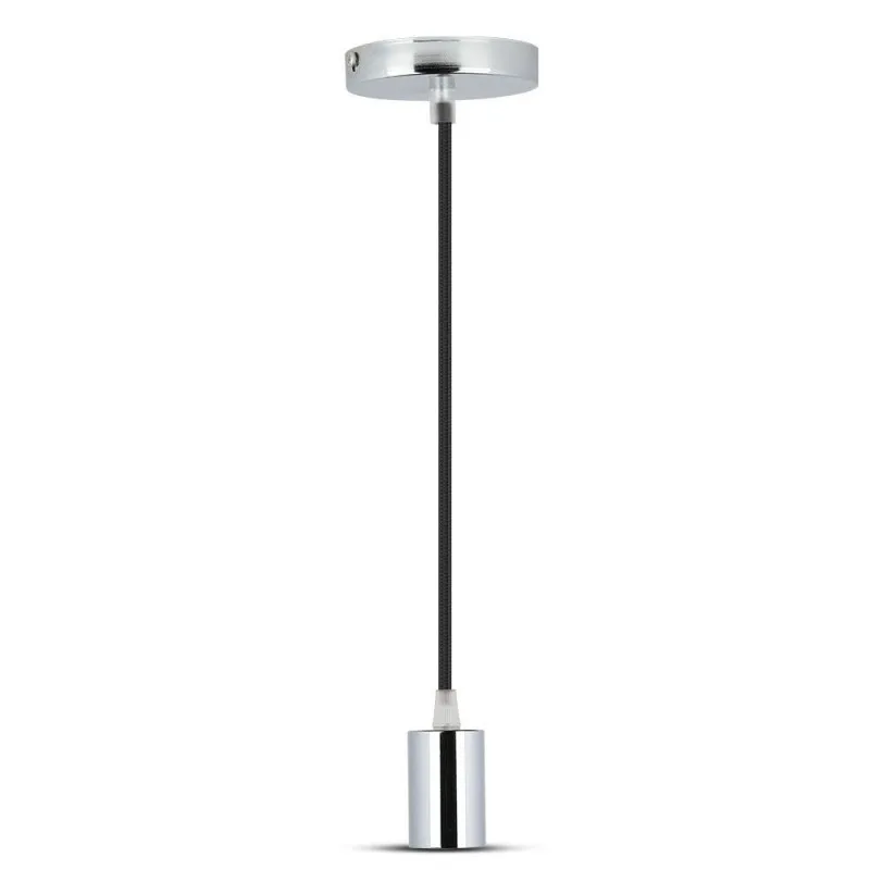 Lampadario LED a Cilindro in Metallo con Portalampada E27 (Max 60W) L:100cm Colore Cromato e Cavo Nero, vista frontale