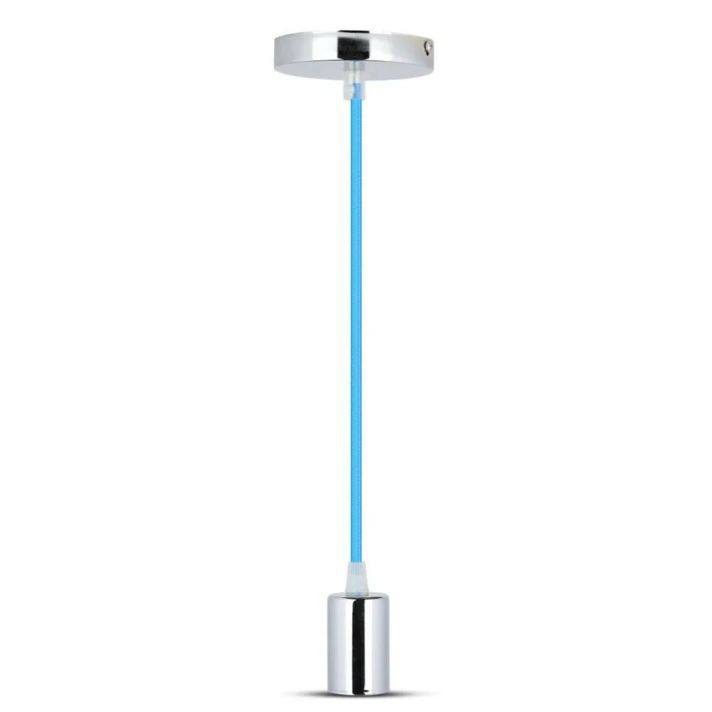 Lampadario LED a Cilindro in Metallo con Portalampada E27 (Max 60W) L:100cm Colore Cromato e Cavo Blu, vista frontale