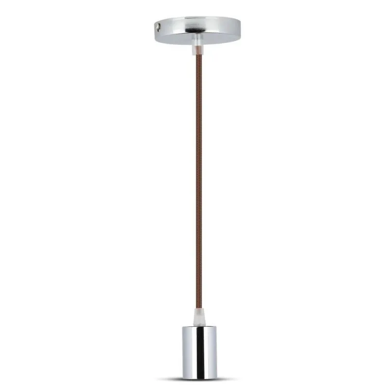 Lampadario LED a Cilindro in Metallo con Portalampada E27 (Max 60W) L:100cm Colore Cromato e Cavo Marrone, vista frontale