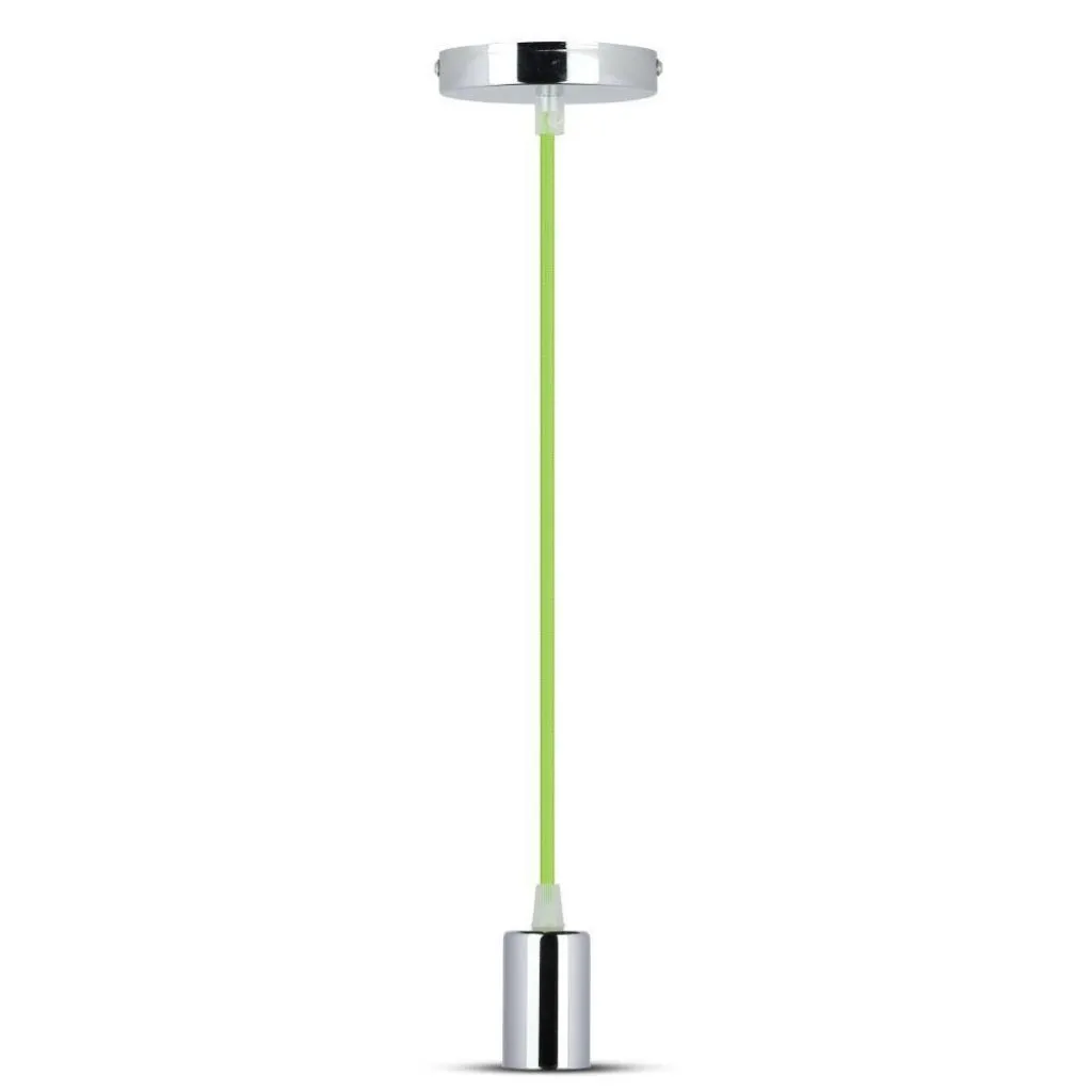 Lampadario LED a Cilindro in Metallo con Portalampada E27 (Max 60W) L:100cm Colore Cromato e Cavo Verde, vista frontale