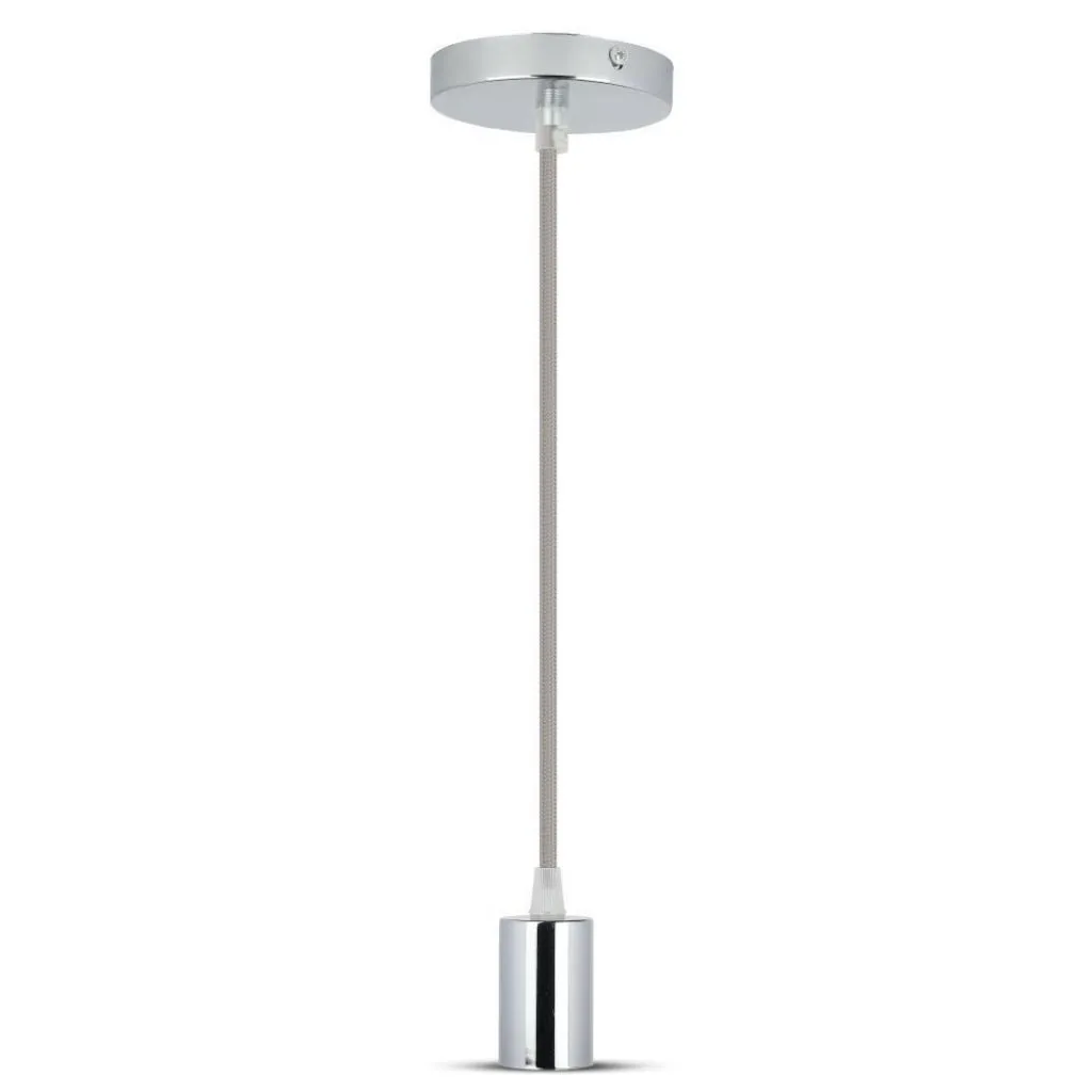 Lampadario LED a Cilindro in Metallo con Portalampada E27 (Max 60W) L:100cm Colore Cromato e Cavo Grigio, vista frontale