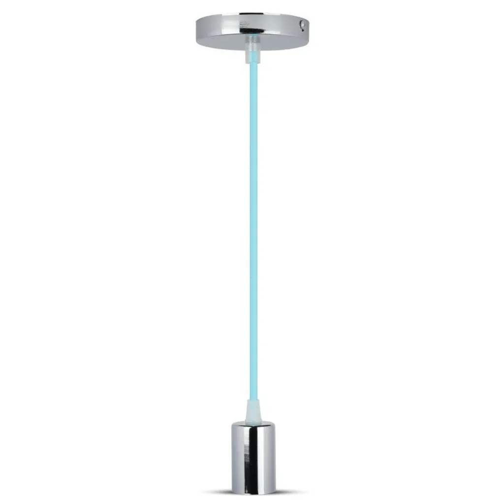 Lampadario LED a Cilindro in Metallo con Portalampada E27 (Max 60W) L:100cm Colore Cromato e Cavo Azzurro, vista frontale