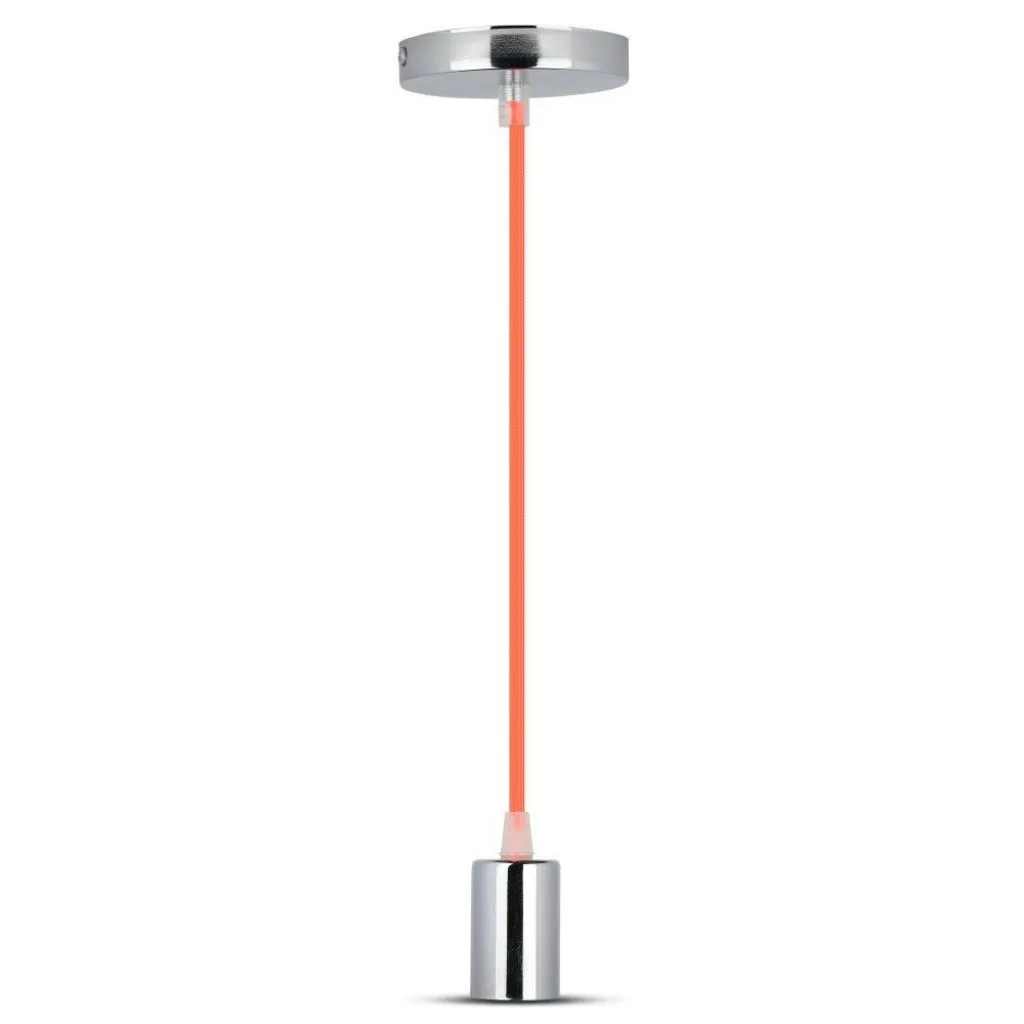 Lampadario LED a Cilindro in Metallo con Portalampada E27 (Max 60W) L:100cm Colore Cromato e Cavo Arancione, vista frontale